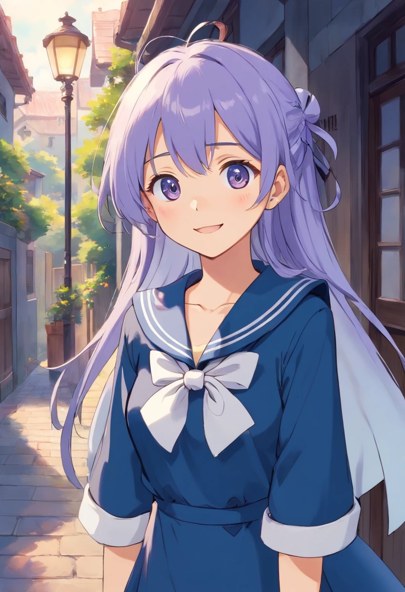 1girl,light purple hair,grey eyes,blunt bangs,hime cut,long hair,clothed big breasts, hair ornament,smile,open mouth,bag,dress,school uniform,school bag,^_^,neckerchief,facing viewer,sailor collar,(indigo dress:1.3),indigo sleeves,sailor dress,long sleeves,:d,white sailor collar,standing,white neckerchief,collarbone,white cuffs,