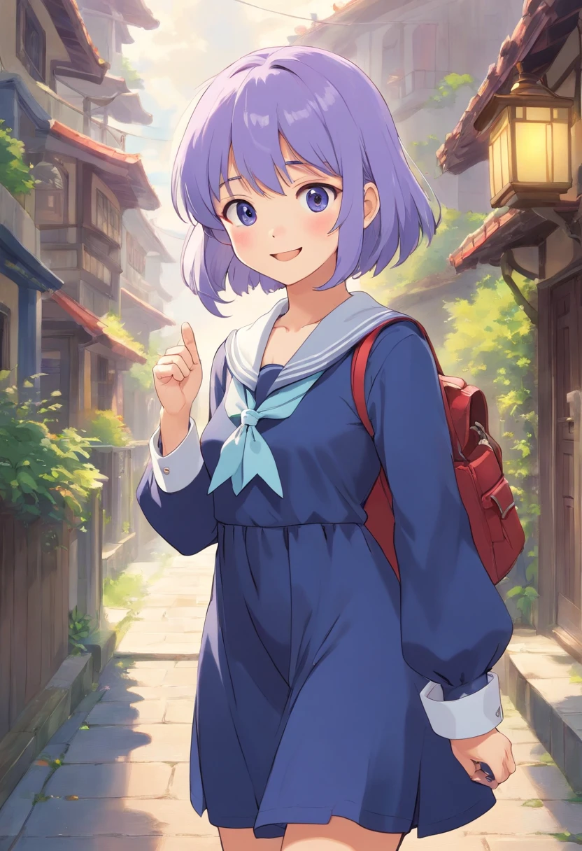 1girl,light purple hair,grey eyes,blunt bangs,hime cut,long hair,clothed big breasts, hair ornament,smile,open mouth,bag,dress,school uniform,school bag,^_^,neckerchief,facing viewer,sailor collar,(indigo dress:1.3),indigo sleeves,sailor dress,long sleeves,:d,white sailor collar,standing,white neckerchief,collarbone,white cuffs,