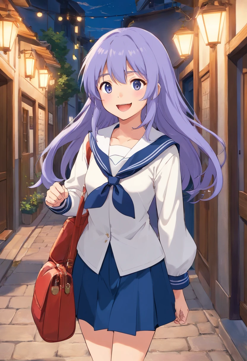 1girl,light purple hair,grey eyes,blunt bangs,hime cut,long hair,clothed big breasts, hair ornament,smile,open mouth,bag,dress,school uniform,school bag,^_^,neckerchief,facing viewer,sailor collar,(indigo dress:1.3),indigo sleeves,sailor dress,long sleeves,:d,white sailor collar,standing,white neckerchief,collarbone,white cuffs,