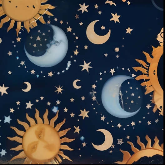 Close-up of sun and moon with stars on blue background, stars and moons in the sky, Moon and stars, Stars and paisley fill the sky, celestial cosmos, themed on the stars and moon, star night!!!!!!!!!!!!!!!!!!!!, Um ser celestial, celestial goddess, celestial background, A lush、Colorful solar eclipse, The moon and stars, ✨🕌🌙