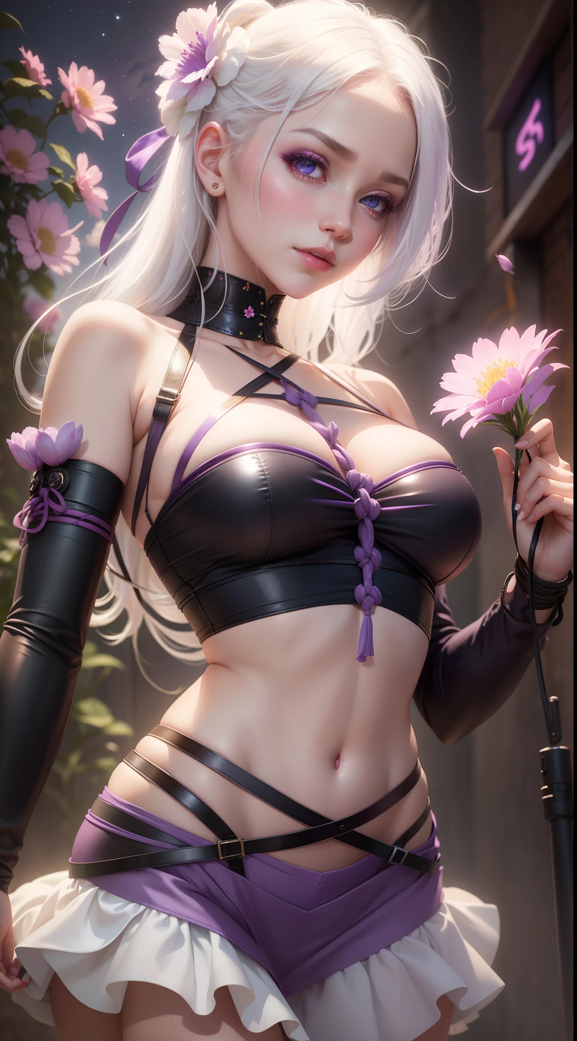 Realistic, 1girl, white hair, purple eyes, glowing eyes, cropped top, skirt, parted lips, blush, night, flowers, sun, sun, sexy, feminine, seductive, provocative, multi-angle shooting, appropriate pose, shibari rope, bondage outfit,