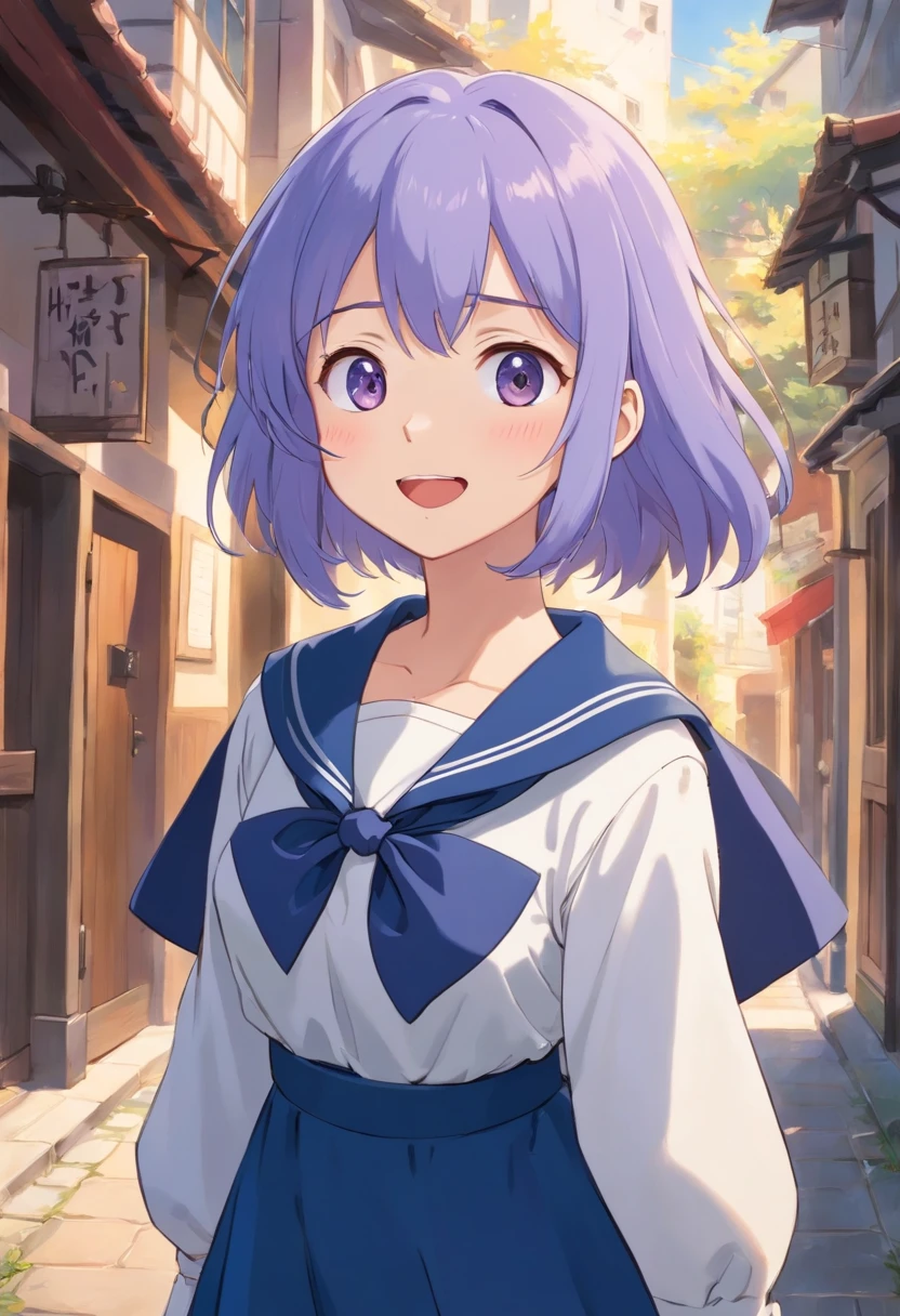 1girl,light purple hair,grey eyes,blunt bangs,hime cut,long hair,clothed big breasts, hair ornament,smile,open mouth,bag,dress,school uniform,school bag,^_^,neckerchief,facing viewer,sailor collar,(indigo dress:1.3),indigo sleeves,sailor dress,long sleeves,:d,white sailor collar,standing,white neckerchief,collarbone,white cuffs,