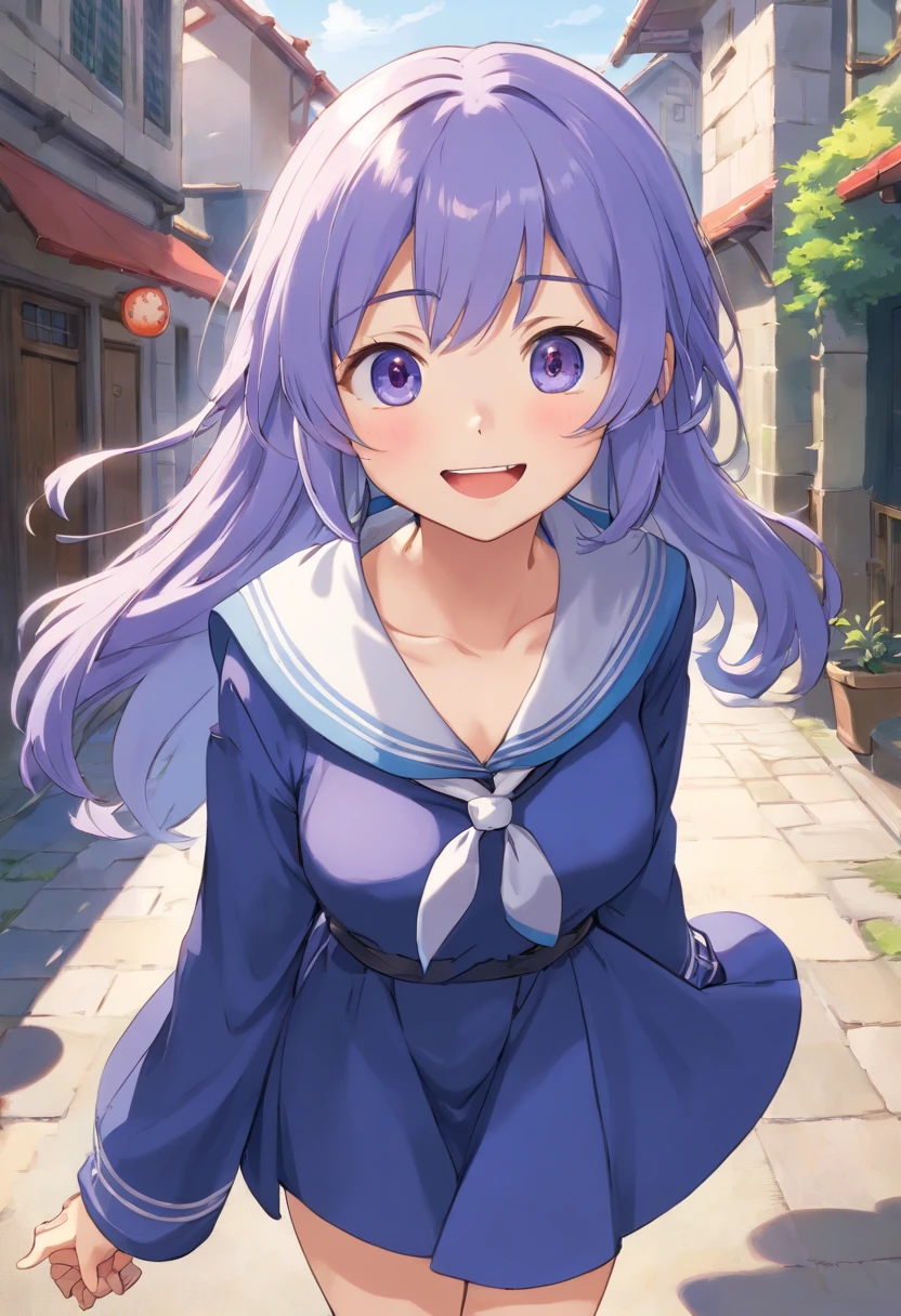 1girl,light purple hair,grey eyes,blunt bangs,hime cut,long hair,clothed big breasts, hair ornament,smile,open mouth,bag,dress,school uniform,school bag,^_^,neckerchief,facing viewer,sailor collar,(indigo dress:1.3),indigo sleeves,sailor dress,long sleeves,:d,white sailor collar,standing,white neckerchief,collarbone,white cuffs,