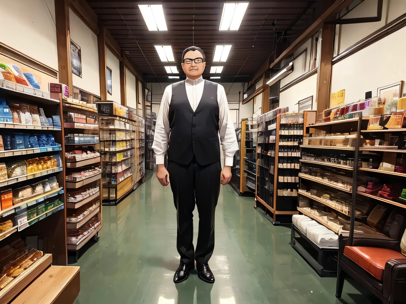 Photo of only one man、Height 174cmWeight 74kgOne large man is standing in、eye glasses、50 years old、Wide forehead、Thin hair、One man、Leather shoes