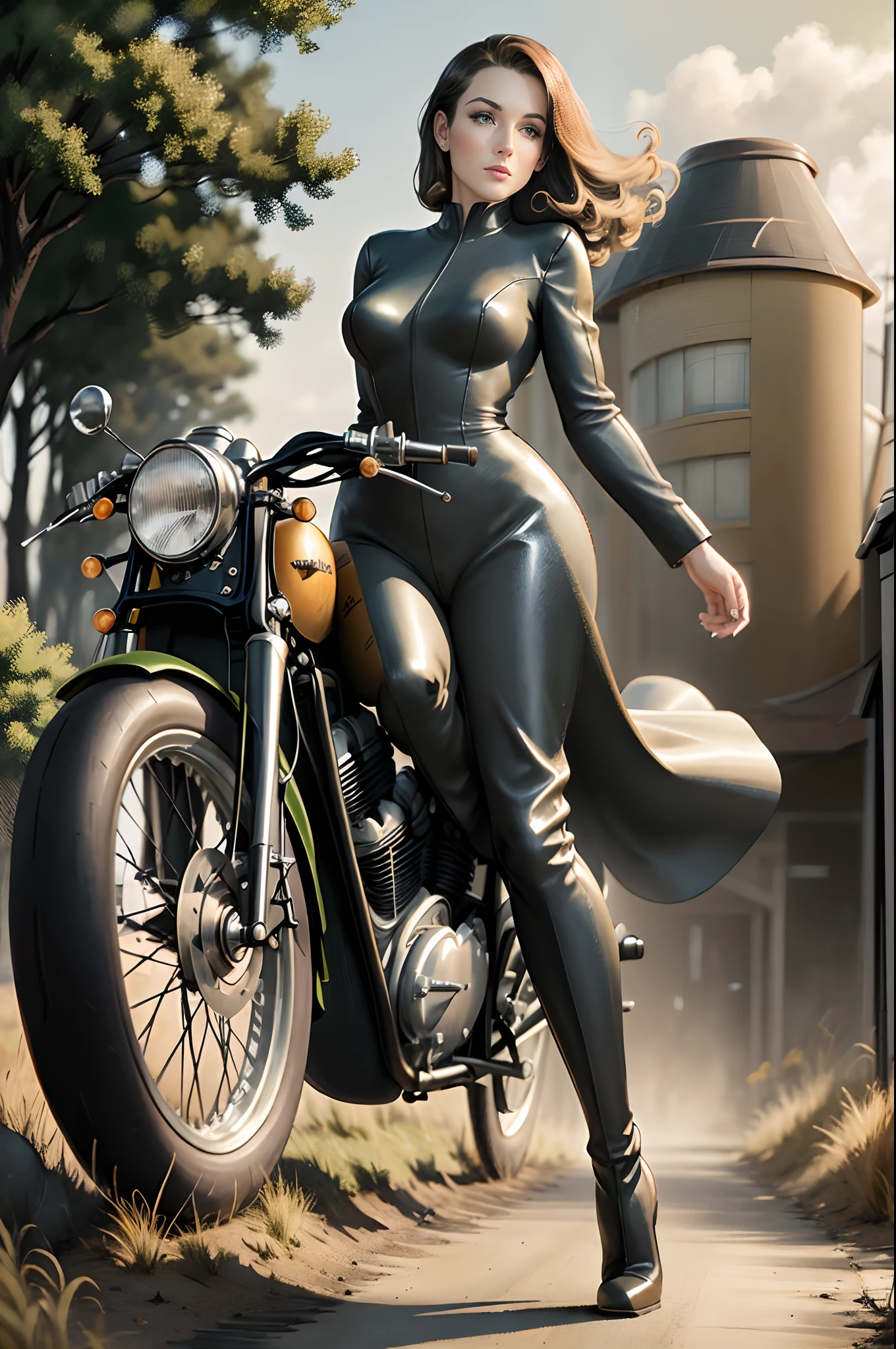 Beautiful 1950s country road background, Rachel Welch on a beautiful ultra-realistic British Norton motorcycle, Woman with beautiful body, gorgeous figure, hairlong, fluttering in the wind, good figure, Long muscular legs,, high heels boots, black leather jumpsuit, Norman Rockwell's Style Gil Elvgren watercolor painting —s 250