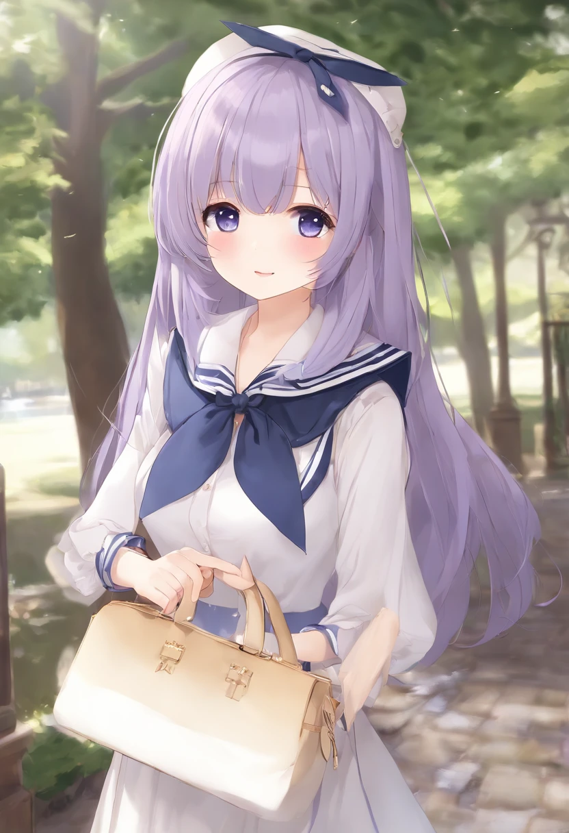 1girl,light purple hair,grey eyes,blunt bangs,hime cut,long hair,clothed big breasts, hair ornament,smile,open mouth,bag,dress,school uniform,school bag,^_^,neckerchief,facing viewer,sailor collar,(indigo dress:1.3),indigo sleeves,sailor dress,long sleeves,:d,white sailor collar,standing,white neckerchief,collarbone,white cuffs,