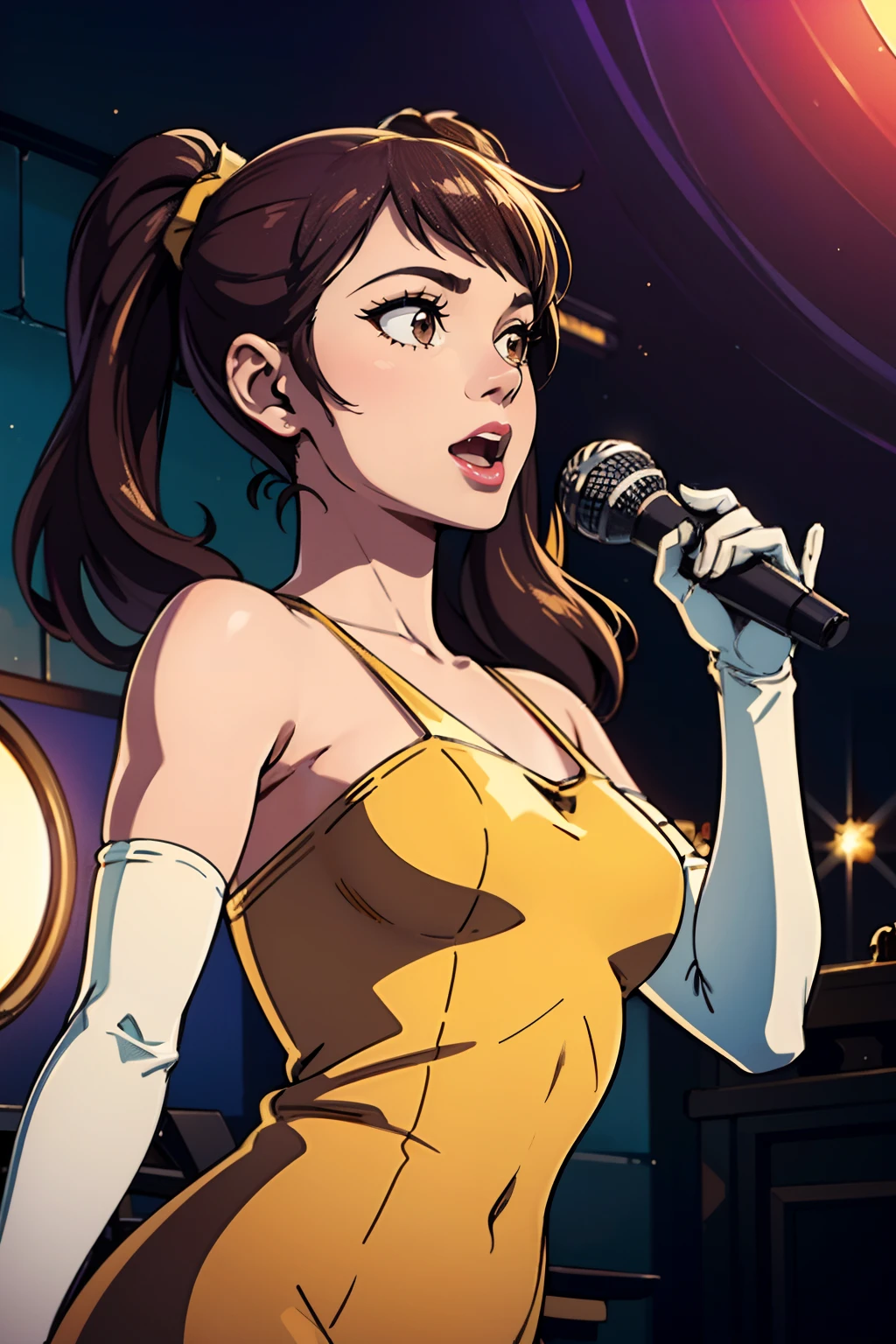 best quality,4k,8k,highres,masterpiece:1.2),ultra-detailed,(realistic,photorealistic,photo-realistic:1.37), vibrant colors, stage spotlight, vintage microphone, elegant hair, graceful pose, dynamic atmosphere, stylish interior, classic jazz era vibes, captivating performance, soulful expression, animated jazz band, rhythmic music, passionate singing, microphone stand, energetic crowd, glamorous ambiance, seamless visual composition, enchanting red lighting, risekujikawa, long hair, twintails, brown eyes, in a yellow dress, long white elbow gloves, holding old 1920s microphone, jazz club background, singing