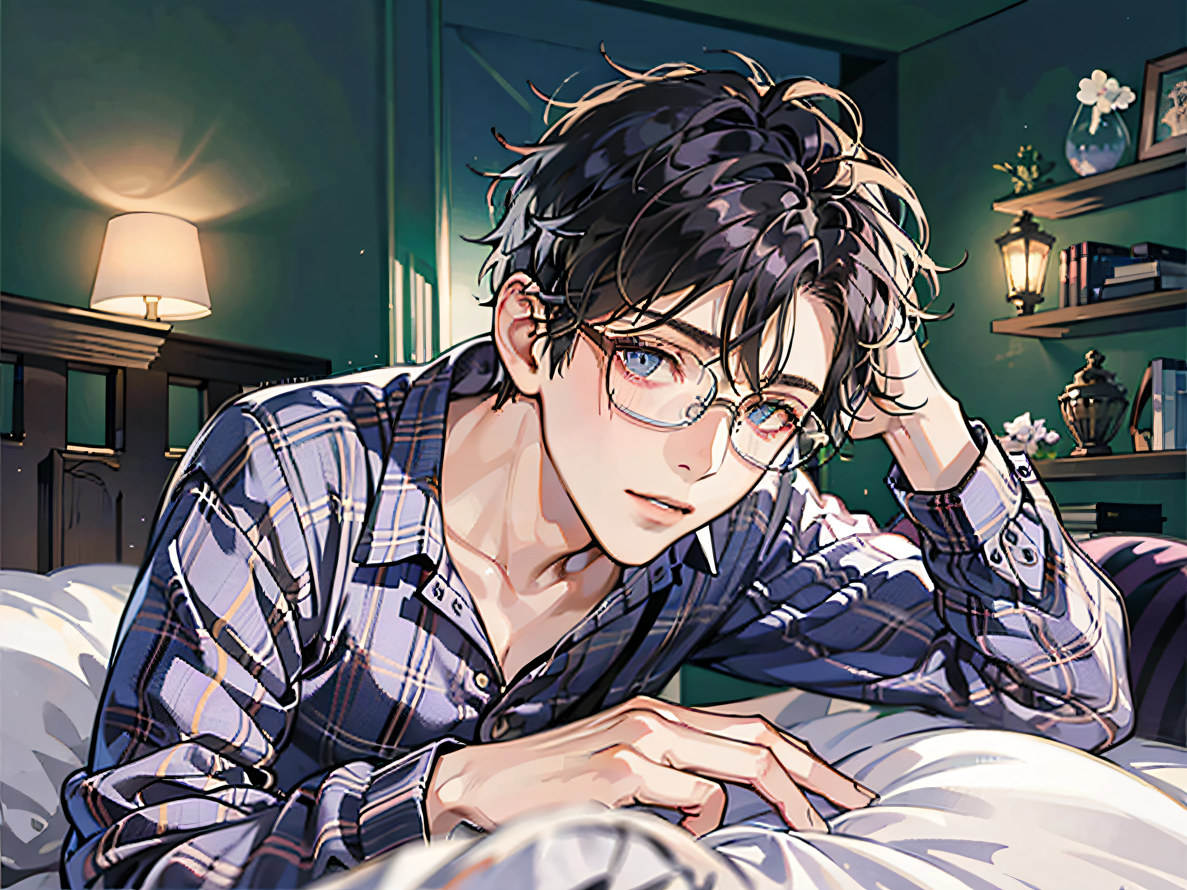 masutepiece, Best Quality, Boy in pajamas lying on bed, Solo, Short hair, finely eye and detailed face, Dark midnight background, Dimly lit bedroom, Glasses, resting on a pillow, Head on pillow, From Side, look at viewr, full-body view,Dynamic Angle