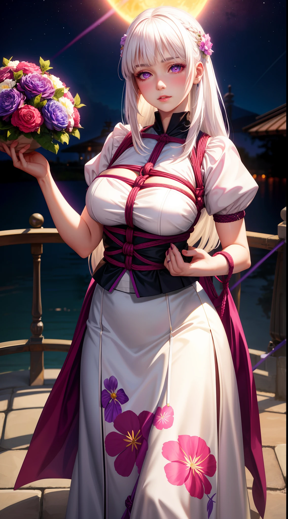 Realistic, 1girl, white hair, purple eyes, glowing eyes, cropped top, skirt, parted lips, blush, night, flowers, sun, sun, sexy, feminine, seductive, provocative, multi-angle shooting, appropriate pose, shibari rope, bondage outfit, long hair