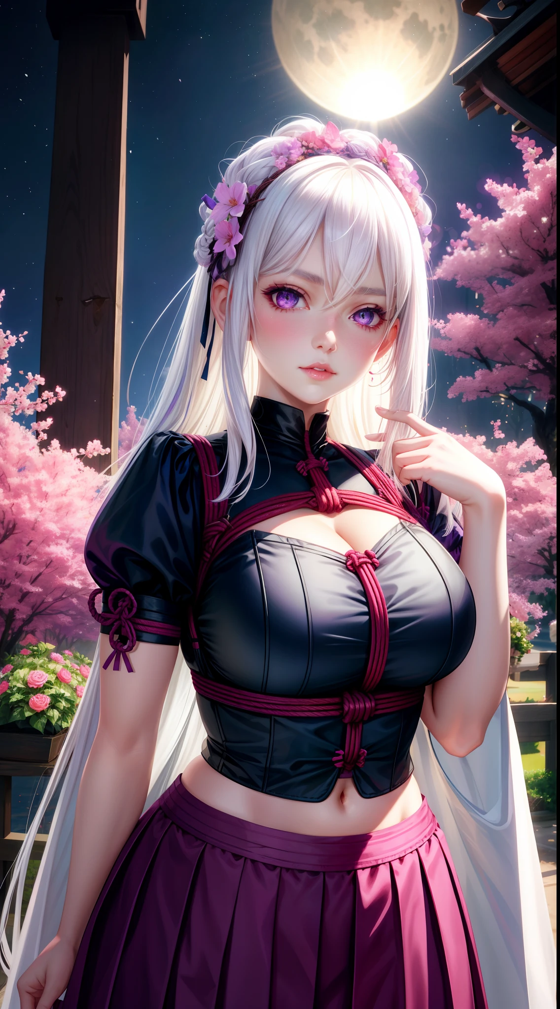 Realistic, 1girl, white hair, purple eyes, glowing eyes, cropped top, skirt, parted lips, blush, night, flowers, sun, sun, sexy, feminine, seductive, provocative, multi-angle shooting, appropriate pose, shibari rope, bondage outfit, long hair