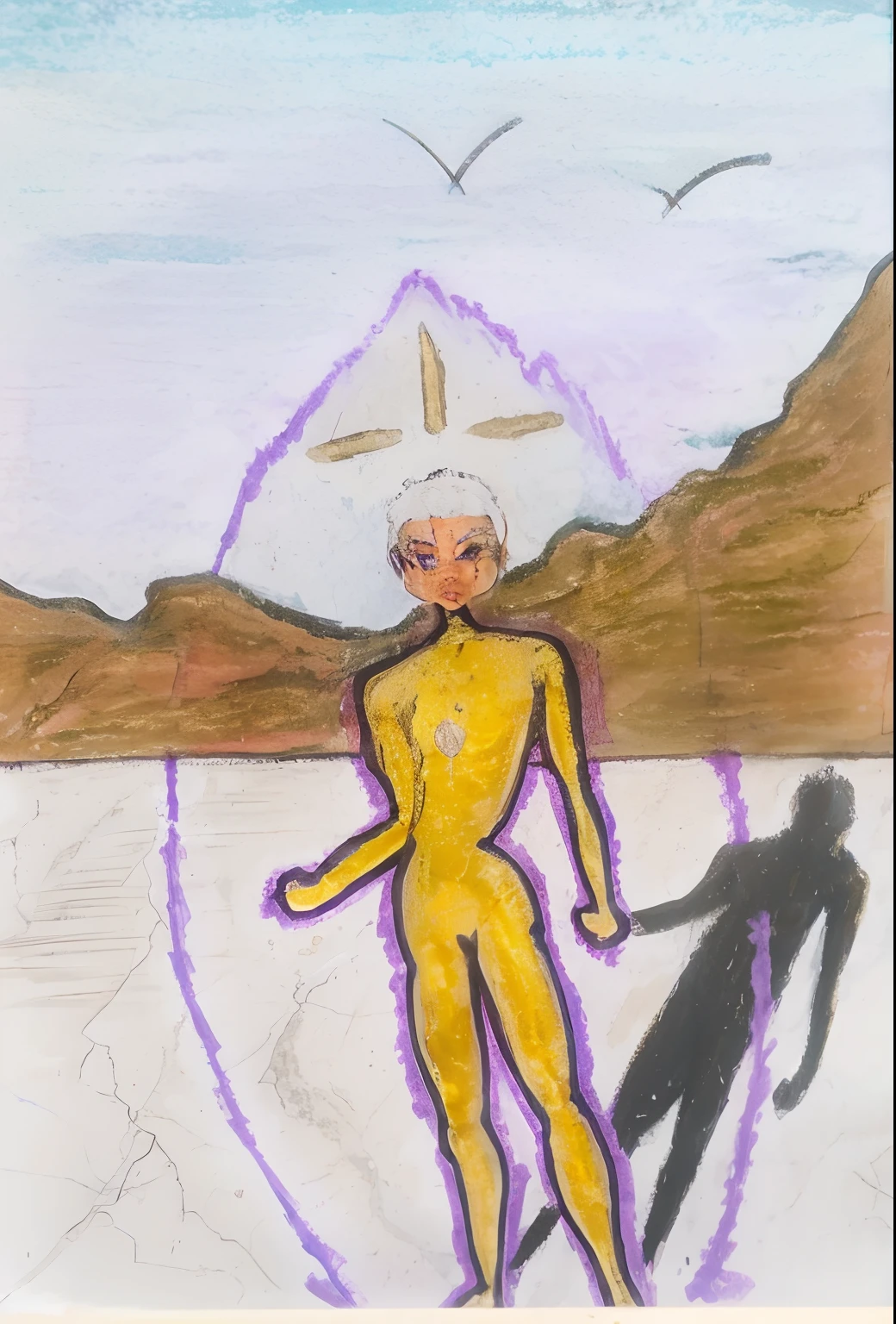 A 13 year old girl, dark skin, native American, very short hair with bangs, white hair, liquid golden bodysuit high collar, strong jaw, cheekbones strong, long eyelashes, purple irises, superhero, gold suit no seams, liquid metal gold suit with high collar, superhero suit gold liquid fully covered, native American, freckles, natural white hair, dark skin, gold turtleneck suit, skintight, stark white hair, bushy eyebrows, tan skin, very short hair, spitcurls, side burns curled, no seams in gold suit, collar to jawline, freckles purple eyes, masterpiece, 8k, pixie cut, long bangs, liquid gold bodysuit, full coverage, bangs cover forehead, red native American skin, only golden suit