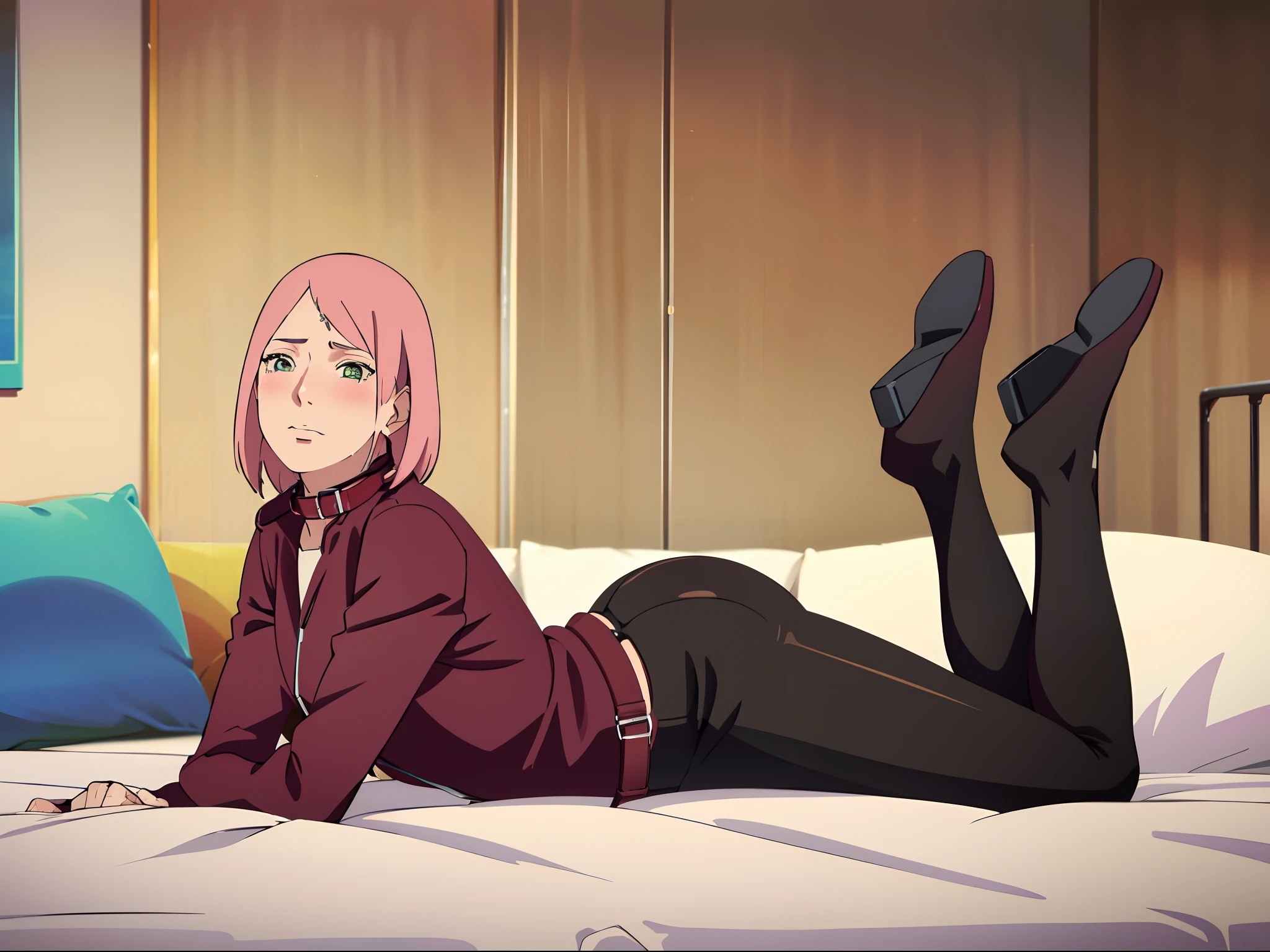 ultra realistic 8k cg, Masterpiece, Best quality, (Photorealistic:1.4),inside in room,posing in bed,perspire,Be red in the face,Blush:1.5,Wearing a black skinny leather jacket,tight leather pants,Wearing a dog collar, Cowboy shot, ,,Blush:1.5, lying down,with perfect legs,perfect hand,s the perfect face,Hold your legs with both hands,Show off your legs,streaming tears,vred,