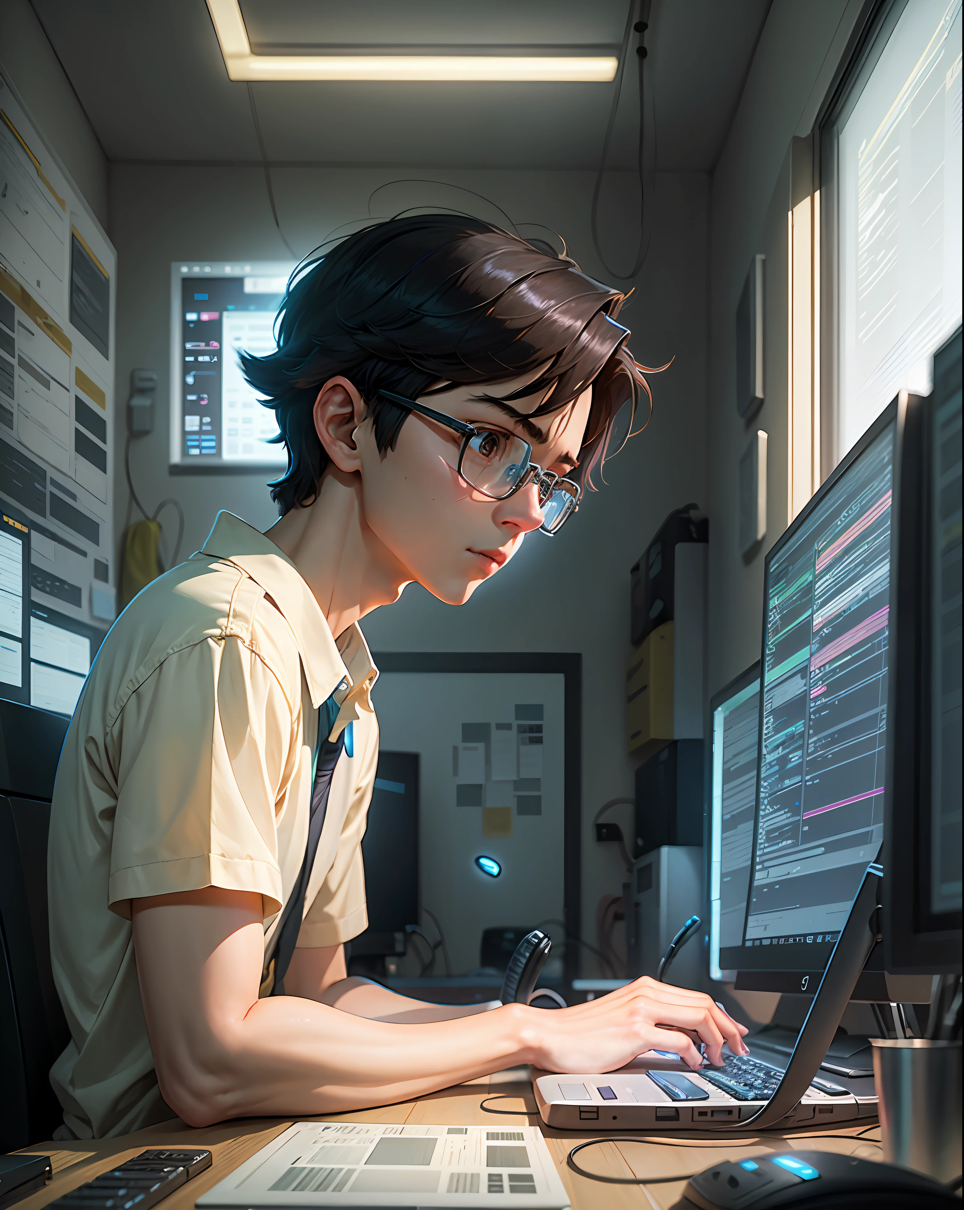 a nerdy boy is programming at a computer in a room full of gadgets, by makoto shinkai and ghibli studio, dramatic lighting, highly detailed, incredible quality --auto --s2