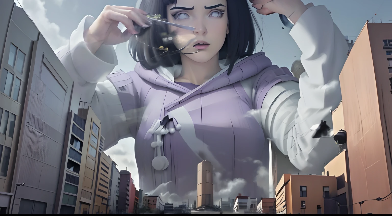 una giganta,Dibujo en perspectiva,Cabello sobre el pecho,Skysky,una giganta,obra maestra, absurdos, hinata \ (boruto \), 1girl, solo, hembra madura, purple hoodie, mangas en capas, pantalones marrones, Perfectcomposition, labios detallados, pecho grande, cara hermosa, body propotion, rubor, (labios rosados), cabello largo, ojos morados, , super-realistic, detallado, cara y cuerpo realistas, cabello realista, ojos realistas, nariz realista, labios realistas,colosal con punto de vista desde el suelo con pisando la ciudad