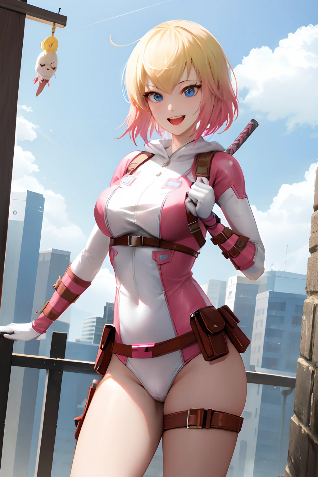 gwenpool, 1girl, weapon, blonde hair, multicolored hair, solo, blue eyes, sword, pouch, smile, mask, superhero, short hair, gradient hair, open mouth, belt, bag, white background, two-tone hair, pink hair, breasts, adapted costume, animification, gloves, belt pouch, looking at viewer, leotard, camel toe