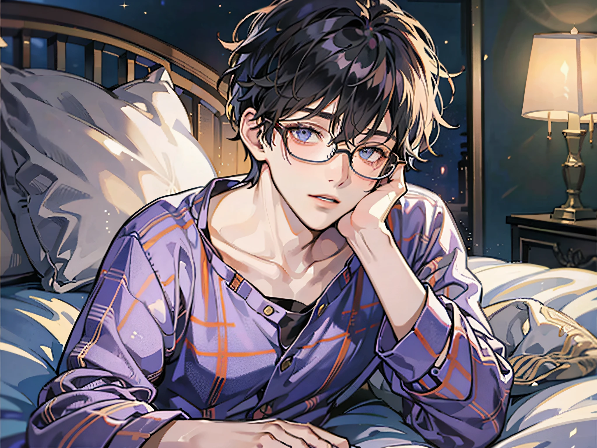 masutepiece, Best Quality, Boy in pajamas lying on bed, Solo, Short hair, finely eye and detailed face, Dark midnight background, Dimly lit bedroom, Glasses, resting on a pillow, Head on pillow, From Side, look at viewr, full-body view,Dynamic Angle