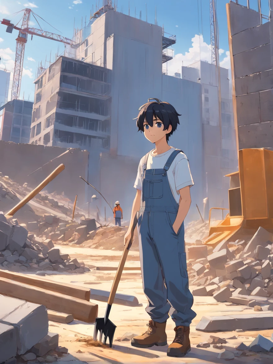 Lossless HD、4K、Excellent quality、Young men、with short black hair、Gray overalls、hardhat、Dirty clothes、Shovel in hand、Work on the construction site