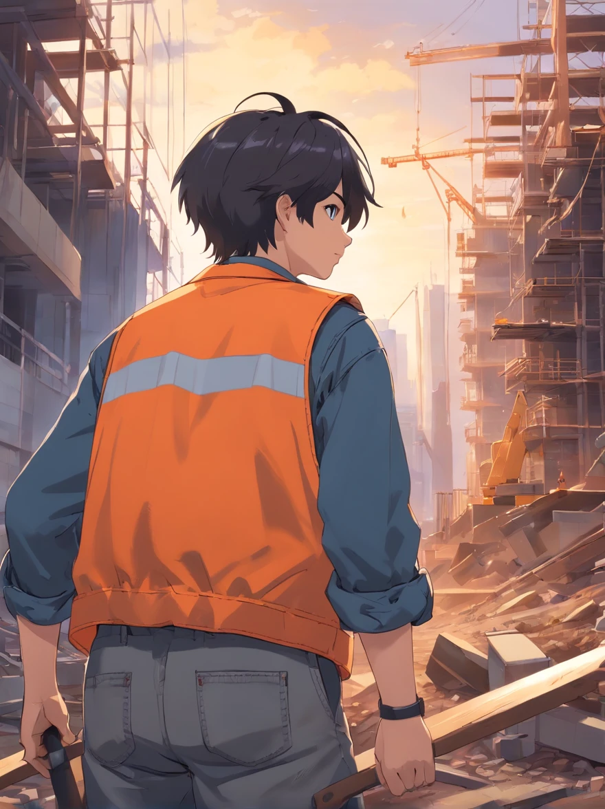 Lossless HD、4K、Excellent quality、Young men、with short black hair、Gray overalls、hardhat、Dirty clothes、Shovel in hand、Work on the construction site