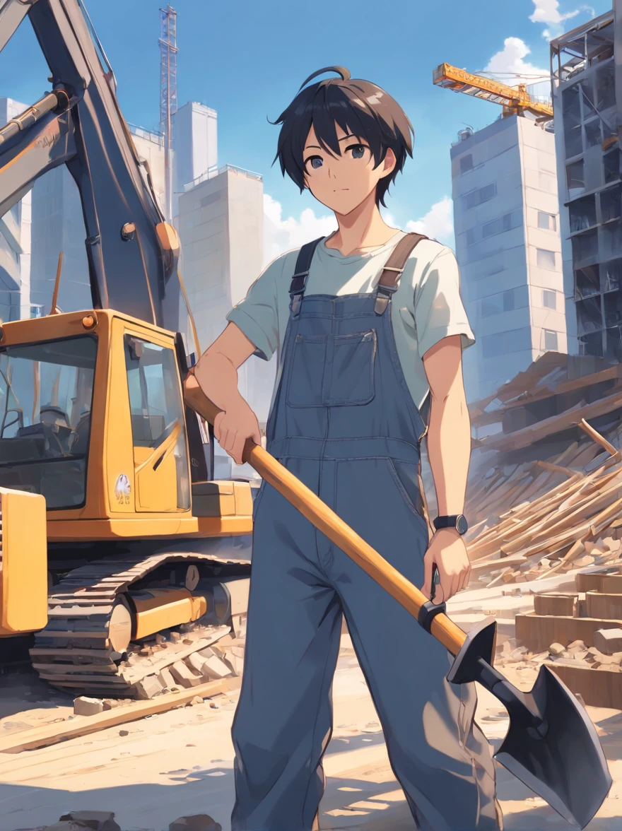 Lossless HD、4K、Excellent quality、Young men、with short black hair、Gray overalls、hardhat、Dirty clothes、Shovel in hand、Work on the construction site
