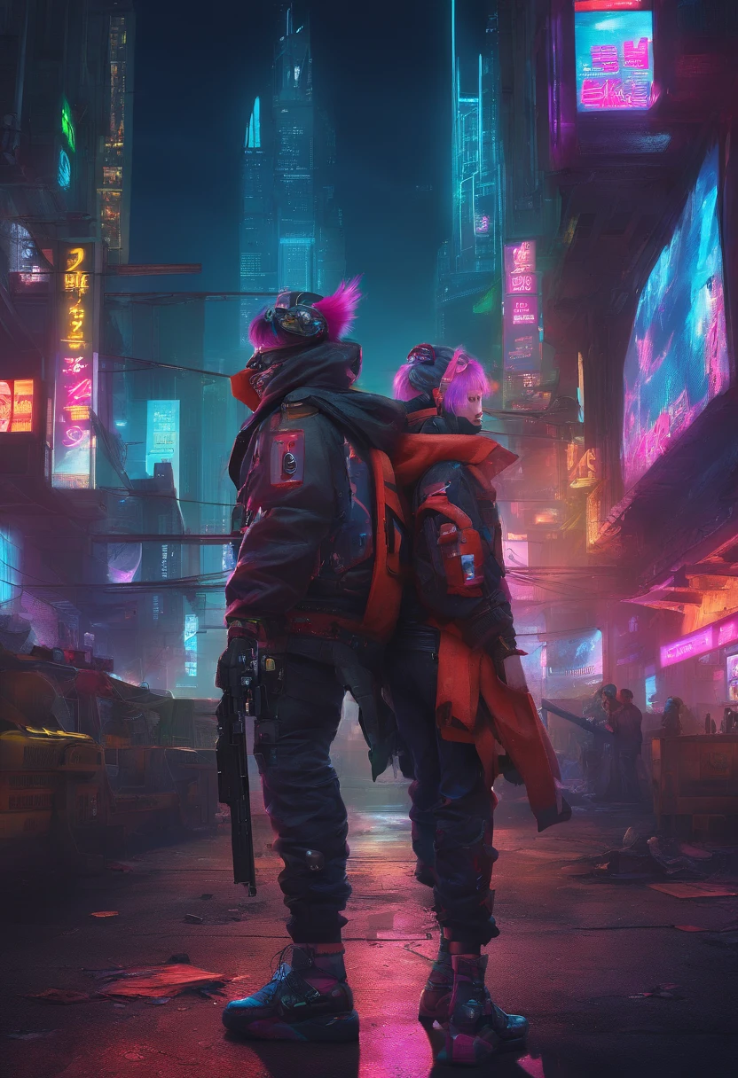 Boy、guns、Tattered costumes、A futuristic city in ruins