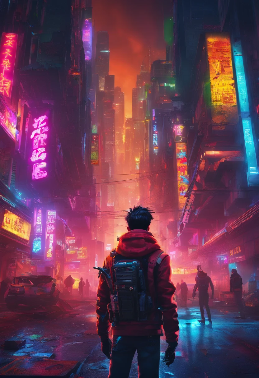 Boy、guns、Tattered costumes、A futuristic city in ruins