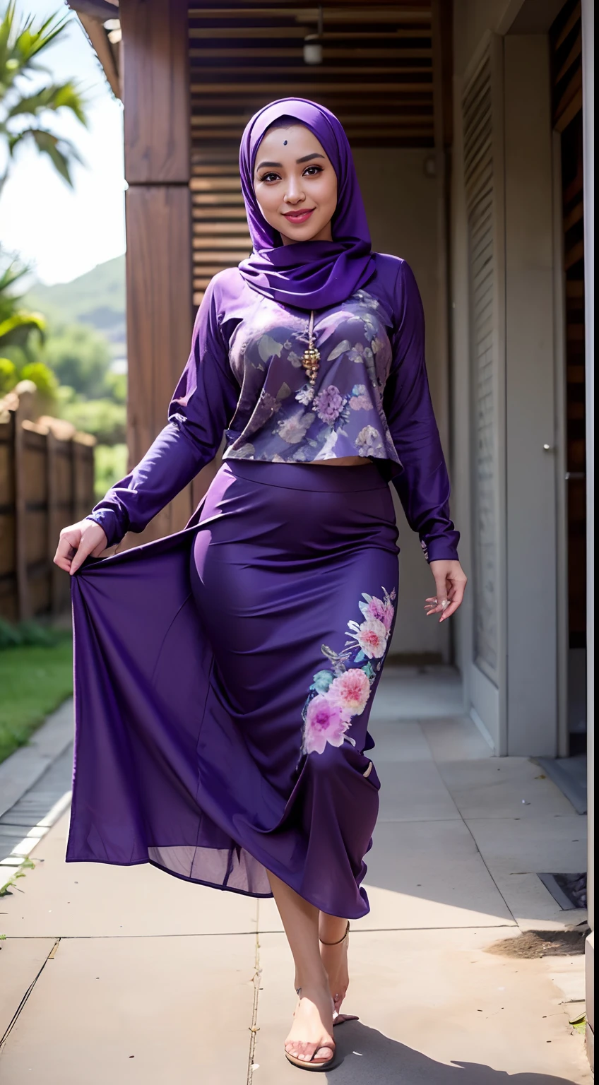 RAW, Best quality, high resolution, masterpiece: 1.3), beautiful Malay woman in hijab (iu:0.8)1beautiful Malay woman in hijab,big breast, a woman in a floral dress and hijab poses for a picture, malaysian, hijab, wearing pink floral chiton, wearing beautiful clothes, muslim, wearing a long flowy fabric, wearing floral chiton, multilayered outfit, south east asian with long, wearing a purple detailed coat