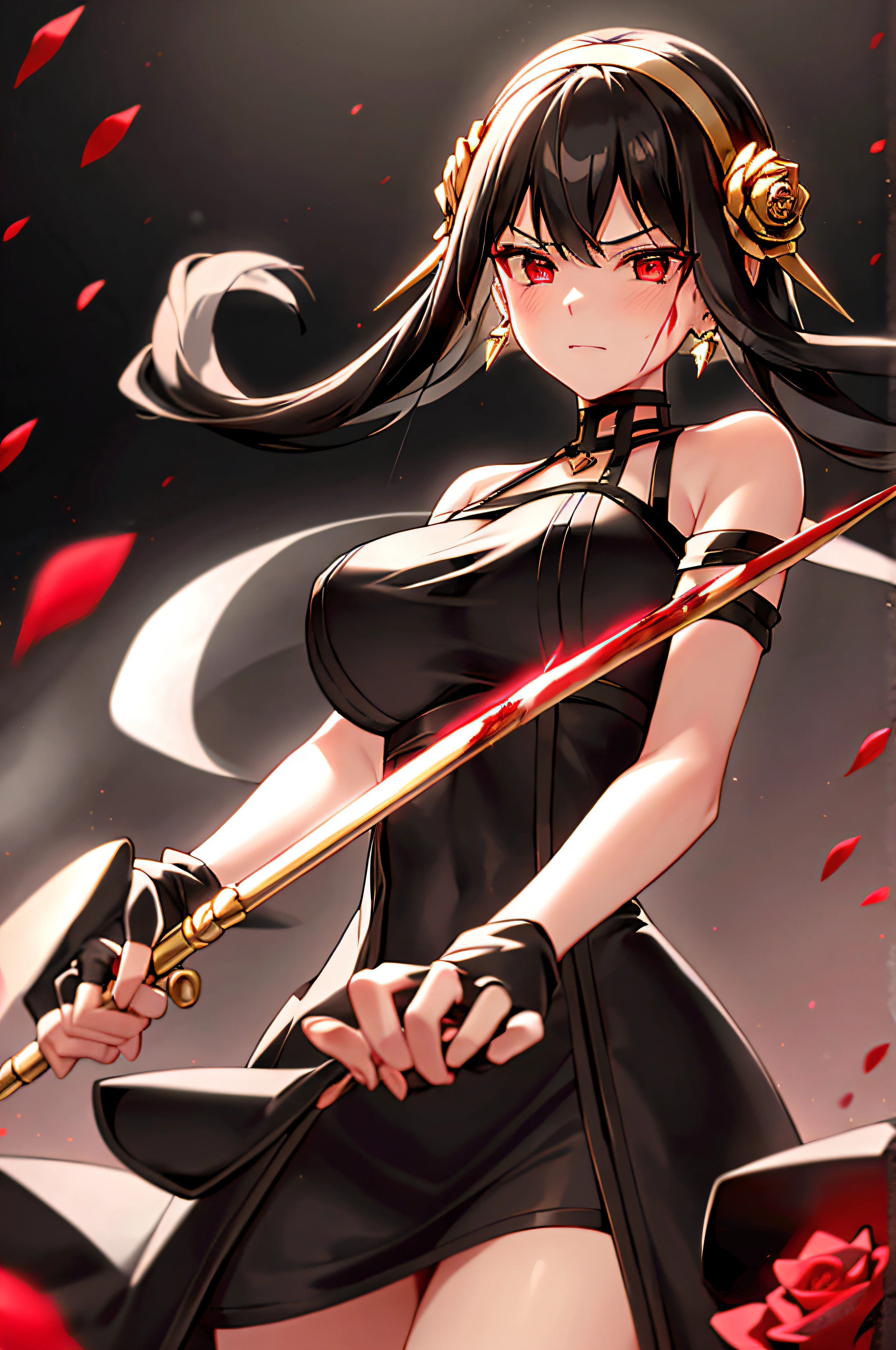 yor briar,

1girl, backlighting, bare shoulders, black background, black dress, black gloves, black hair, blood, blood on face, blood on weapon, breasts, closed mouth, cowboy shot, dress, earrings, expressionless, fingerless gloves, floating hair, floral print, flower, gloves, gold earrings, gold hairband, hair flower, hair ornament, hairband, holding, holding weapon, jewelry, large breasts, light particles, long hair, looking at viewer, off-shoulder dress, off shoulder, petals, red eyes, rose, rose petals, rose print, short hair with long locks, sidelocks, solo, spikes, thighs, two-sided dress, two-sided fabric, weapon

, ((masterpiece))