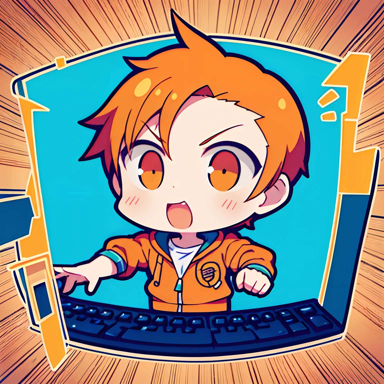 1guy,chibi,wearing a orange jacket,short hair ,holding a keyboard,white and teal hair,showing forehead,concept art,simple flat background, upper body, cartoon, typing