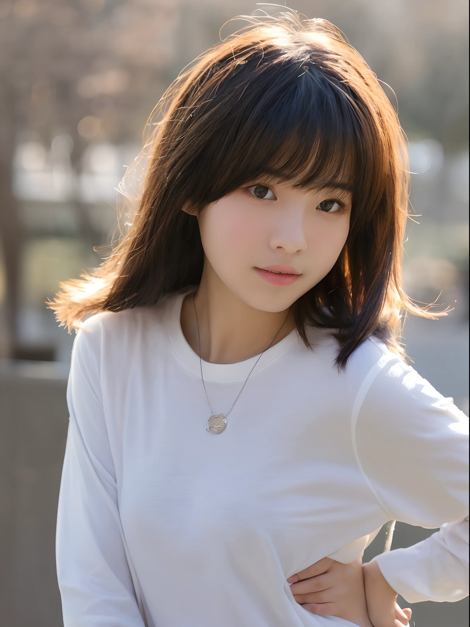 top-quality、超A high resolution、(Photorealsitic:1.4)、1人、、small tits、、bobhair、A Japanese Lady、Background with、takeout、Natural styling、Looking at the camera、No exposure、Concrete background、Facing the front、Pose with your hands around your face、is standing、White long sleeve T-shirt、a blond、Female in her late tee