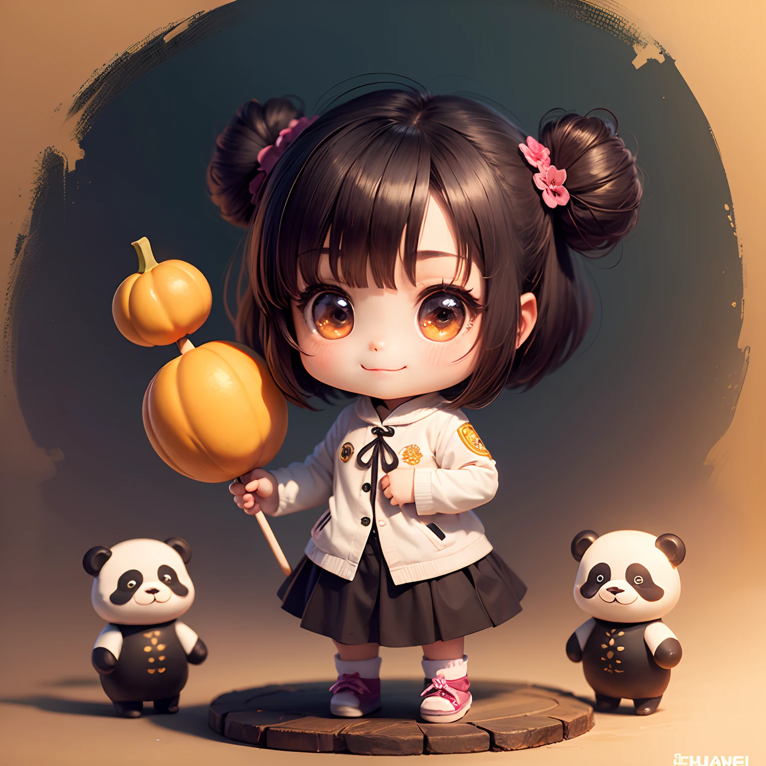 ​masterpiece、top-quality、ultra-detailliert、(Chibi Chara's Daughter:1.2)、Panda Face Shitachibi Character、Horror Lollipop、squash、Standing、a smile