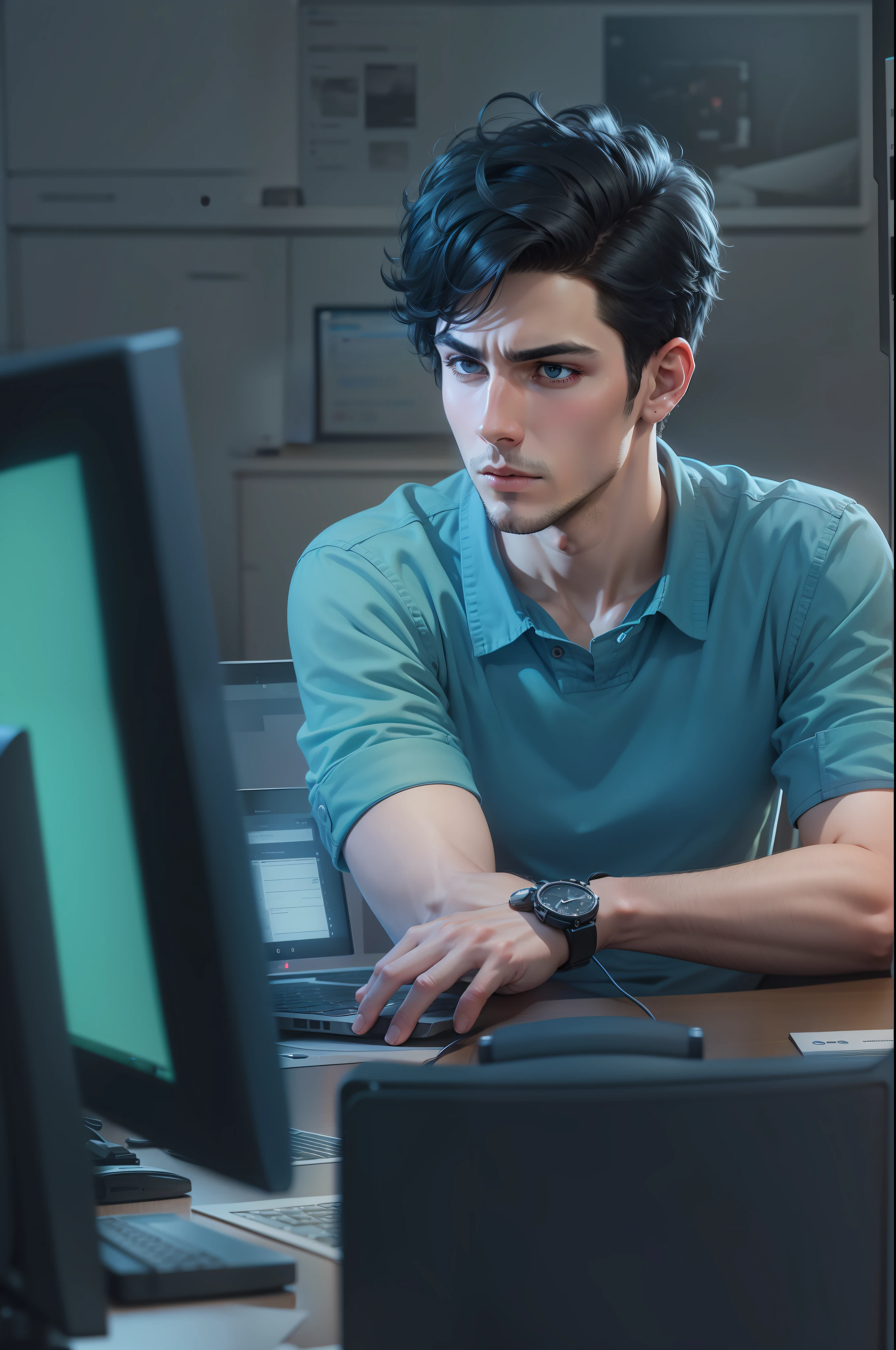 Ultra realistic image of a 25 year old man, short black hair, dressed in a blue shirt, sitting in front of a computer with a pensive expression, a scenario of a work environment