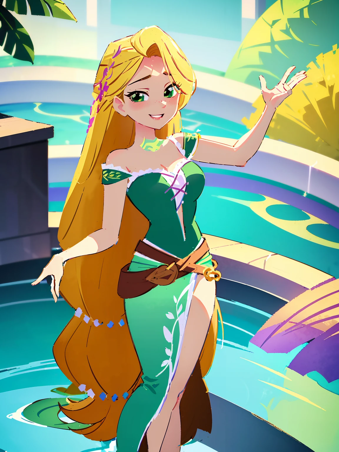 (masterpiece, best quality, high resolution: 1.5) Rapunzel stands up in the pool and kisses the camera. rapunzel, stands in the pool, faces the viewer, green island outfit, (loose hair: 1.7), great smile, green eyes, Rapunzel kisses the viewer