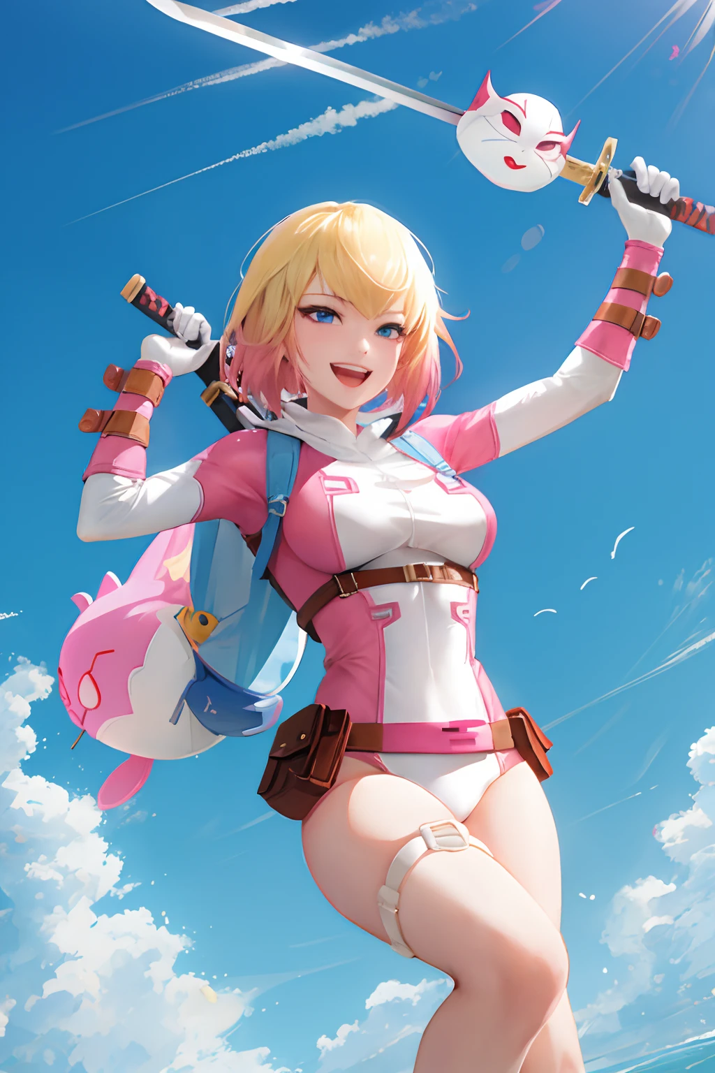 gwenpool, 1girl, weapon, blonde hair, multicolored hair, solo, blue eyes, sword, pouch, smile, mask, superhero, short hair, gradient hair, open mouth, belt, bag, white background, two-tone hair, pink hair, medium breasts, adapted costume, animification, gloves, belt pouch, looking at viewer, leotard, camel toe