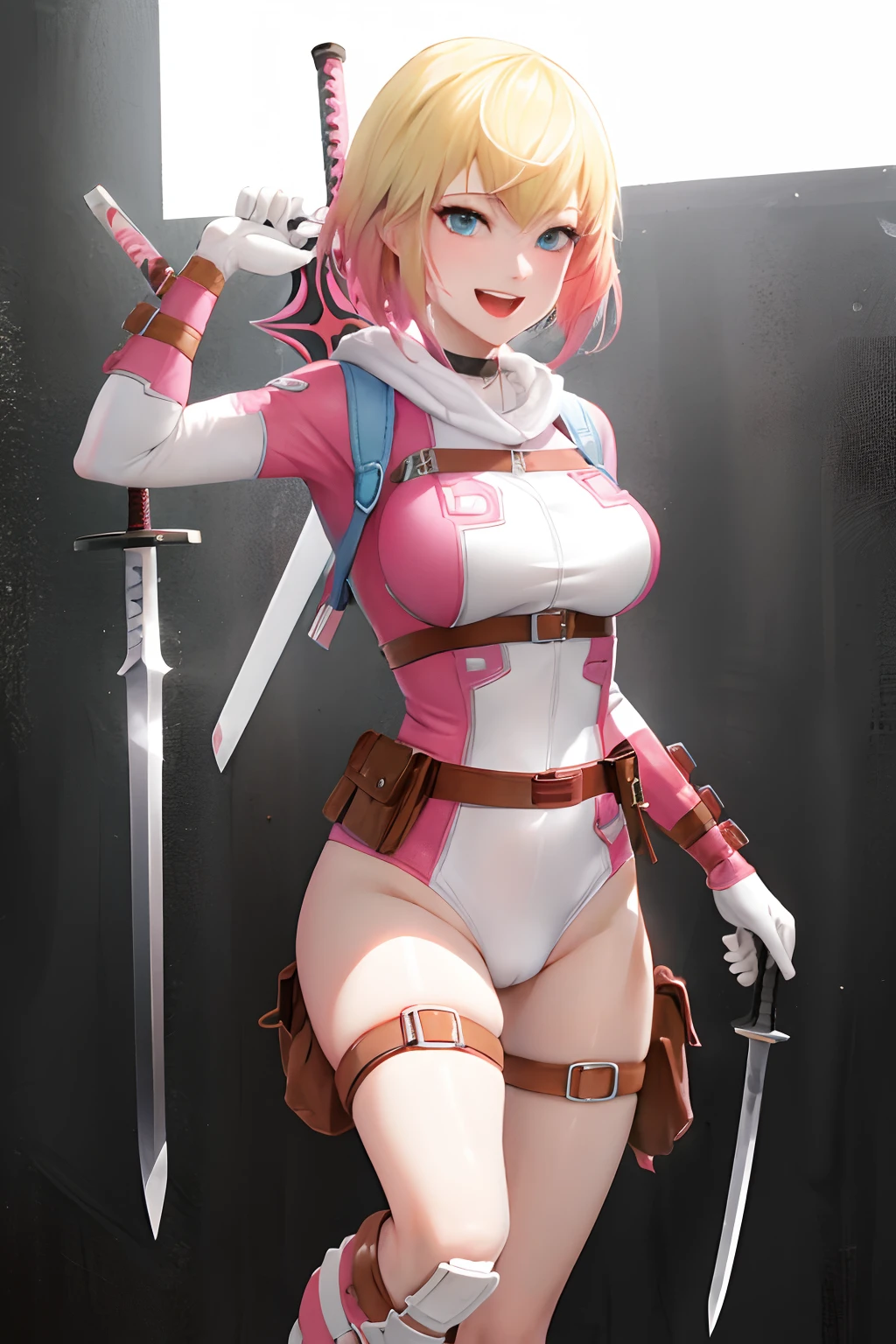 gwenpool, 1girl, weapon, blonde hair, multicolored hair, solo, blue eyes, sword, pouch, smile, mask, superhero, short hair, gradient hair, open mouth, belt, bag, white background, two-tone hair, pink hair, medium breasts, adapted costume, animification, gloves, belt pouch, looking at viewer, leotard, camel toe