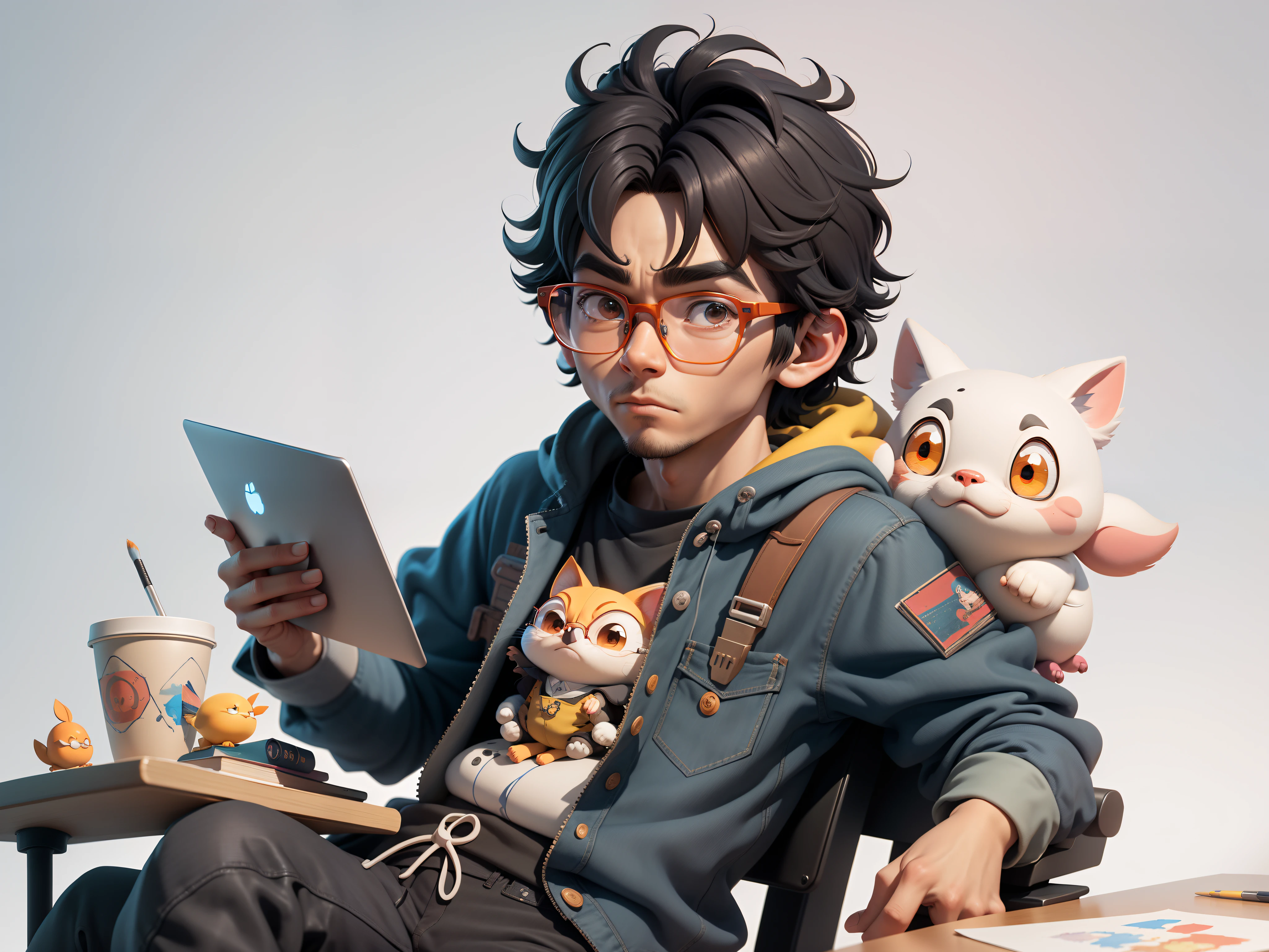 A young man with glasses sits at his desk,holding laptop,digitial painting,3D character design by Mark Clairen and Pixar and Hayao Miyazaki and Akira Toriyama,4K HD illustration,Very detailed facial features and cartoon-style visuals。