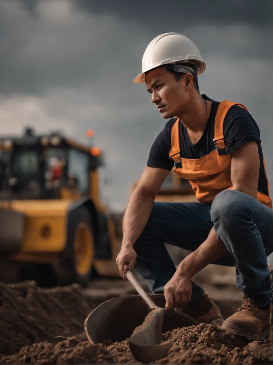 Lossless HD、4K、Excellent quality、Young men、with short black hair、Gray overalls、Wear a hard hat on your head、Dirty clothes、With a shovel in his hand、Work on the construction site