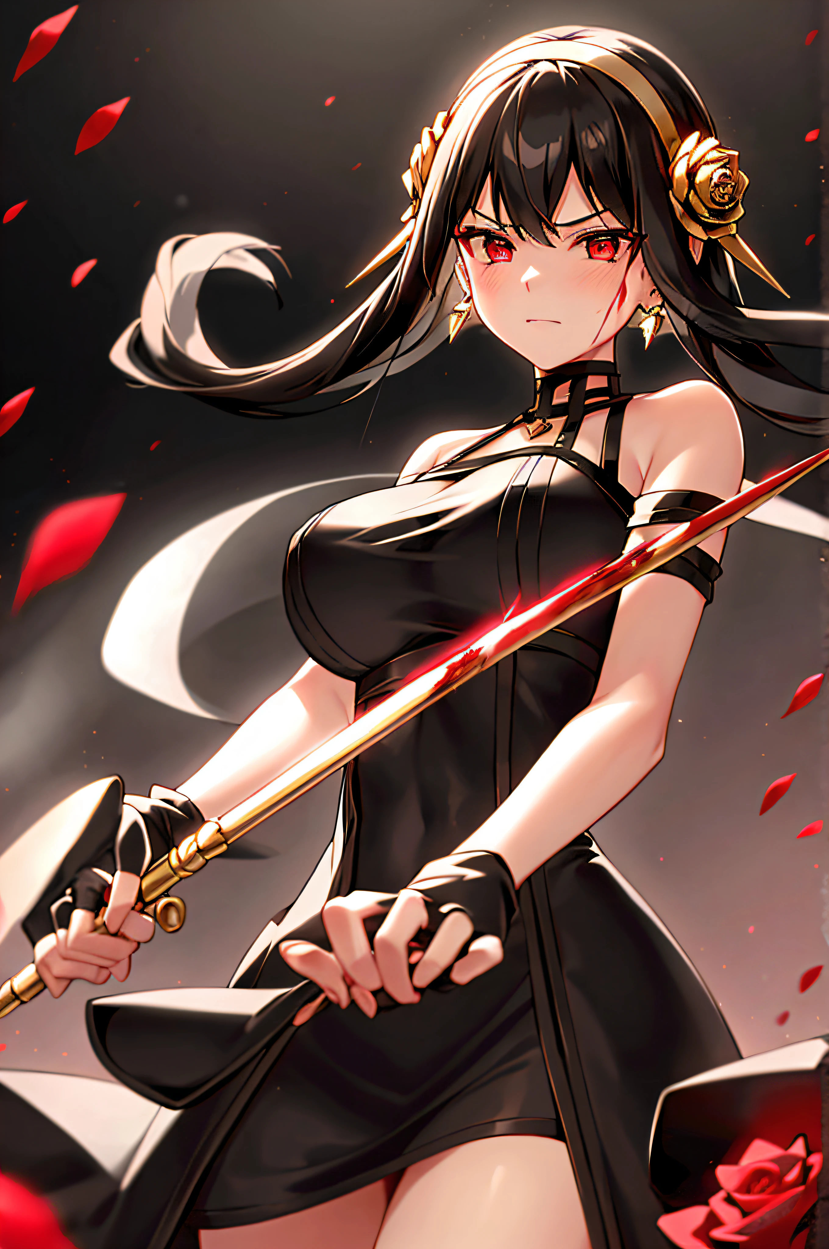 yor briar,
1girl, backlighting, bare shoulders, black background, black dress, black gloves, black hair, blood, blood on face, blood on weapon, breasts, closed mouth, cowboy shot, dress, earrings, expressionless, fingerless gloves, floating hair, floral print, flower, gloves, gold earrings, gold hairband, hair flower, hair ornament, hairband, holding, holding weapon, jewelry, large breasts, light particles, long hair, looking at viewer, off-shoulder dress, off shoulder, petals, red eyes, rose, rose petals, rose print, short hair with long locks, sidelocks, solo, spikes, thighs, two-sided dress, two-sided fabric, weapon
, ((masterpiece))