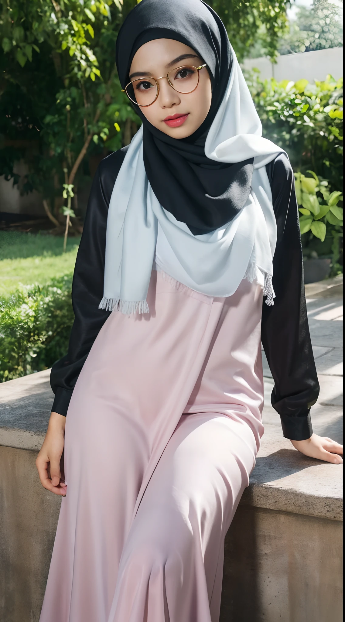Young Malay girl college student portrait photography taken using canon EOS-1D X Mark III, eyewear, naked, sexy pose, wear student id tag with lanyard, cowboy shot, garden background, bokeh, white fair skin, bright lighting, beautiful malay girl, curvy body, pastel color shawl style hijab, high quality, ultra detail, 8k, realistic,