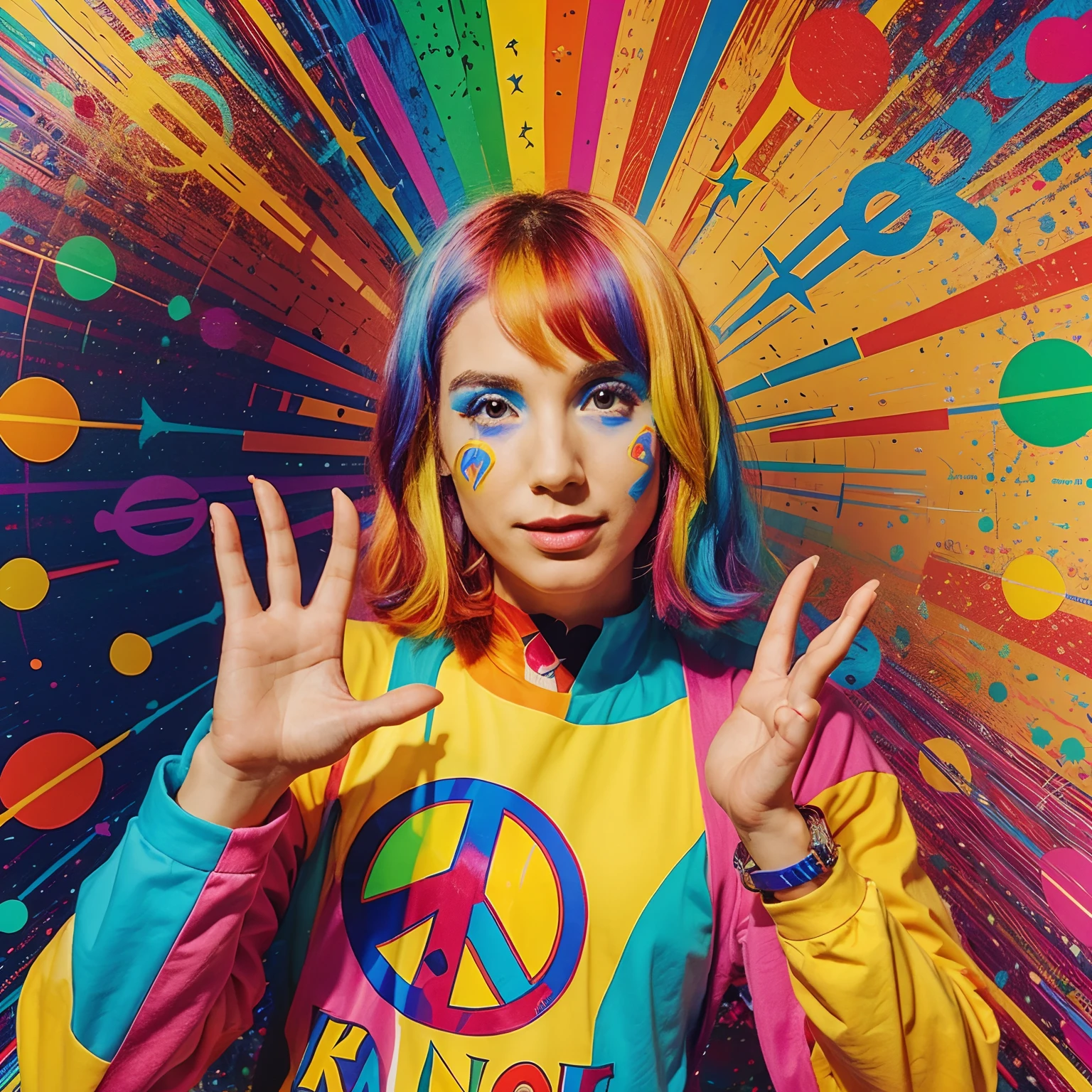 Random, psychedelic, peace sign peace ☮️ in the style of Peter max