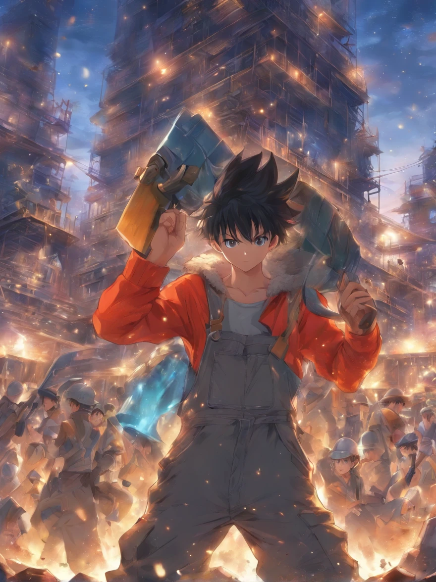 Lossless HD、4K、Excellent quality、Young men、with short black hair、Gray overalls、Wear a hard hat on your head、Dirty clothes、With a shovel in his hand、Work on the construction site