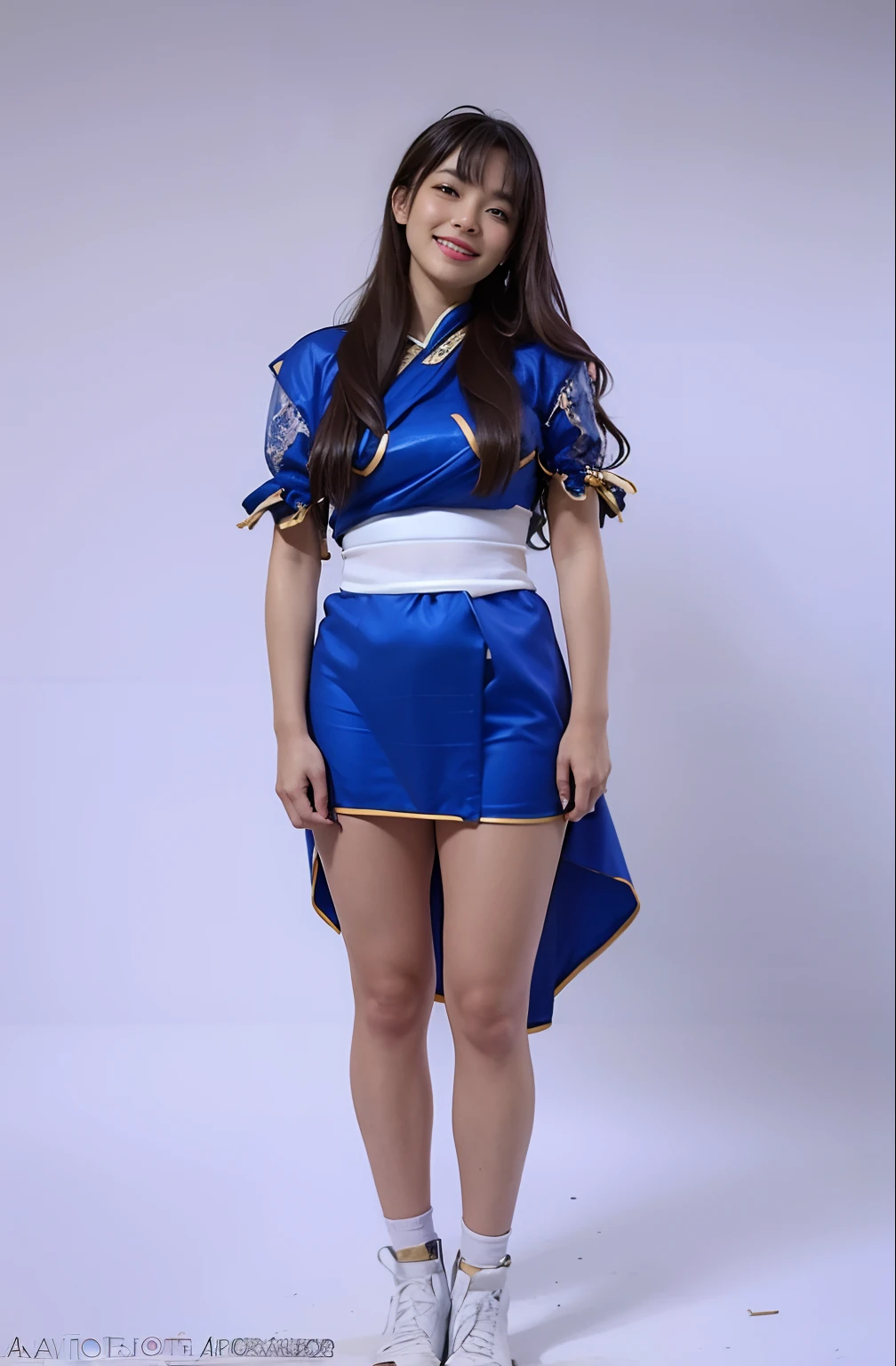A woman in a blue and white outfit posing for a picture - SeaArt AI