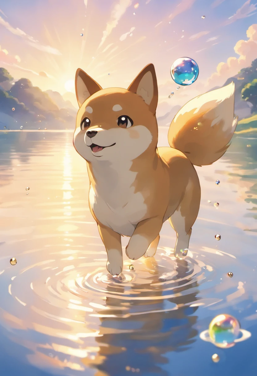 An inspiring ultra-high-definition 3D scene showing a Shiba Inu, With a Pokémon making a wish next to a quiet lake. Beautifully rendered down to the smallest detail, Bubbles are seen gently blowing into the air, Each has a hopeful desire. Bubbles capture the reflection of the setting sun, Making a dreamer, magical effect. The overall atmosphere is soft, Full of hope and tranquility