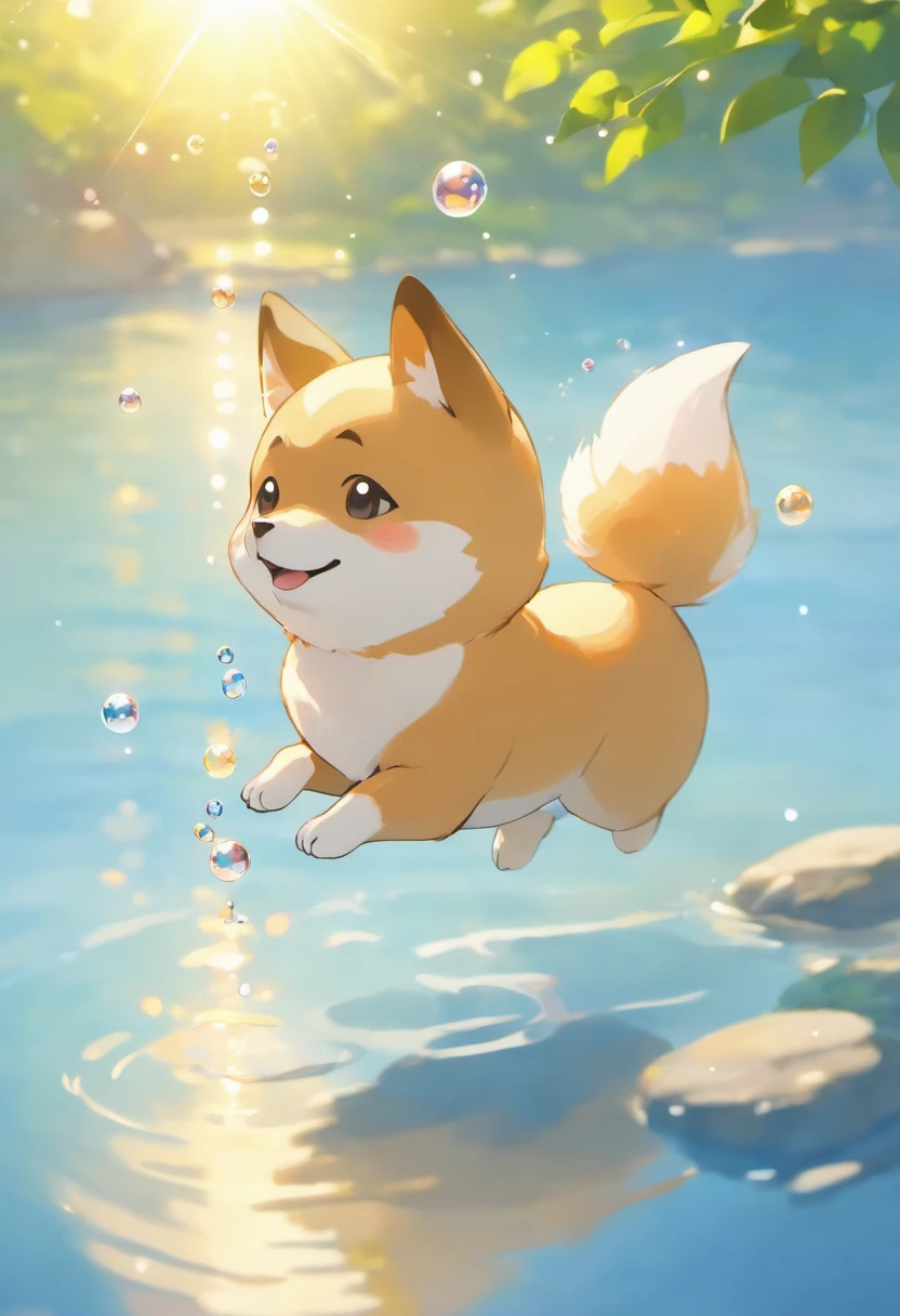 An inspiring ultra-high-definition 3D scene showing a Shiba Inu, With a Pokémon making a wish next to a quiet lake. Beautifully rendered down to the smallest detail, Bubbles are seen gently blowing into the air, Each has a hopeful desire. Bubbles capture the reflection of the setting sun, Making a dreamer, magical effect. The overall atmosphere is soft, Full of hope and tranquility