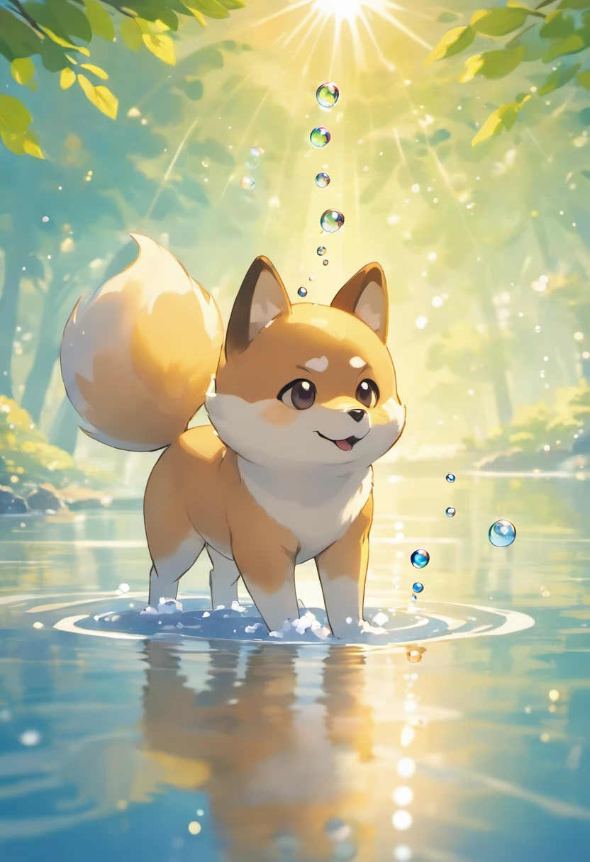 An inspiring ultra-high-definition 3D scene showing a Shiba Inu, With a Pokémon making a wish next to a quiet lake. Beautifully rendered down to the smallest detail, Bubbles are seen gently blowing into the air, Each has a hopeful desire. Bubbles capture the reflection of the setting sun, Making a dreamer, magical effect. The overall atmosphere is soft, Full of hope and tranquility