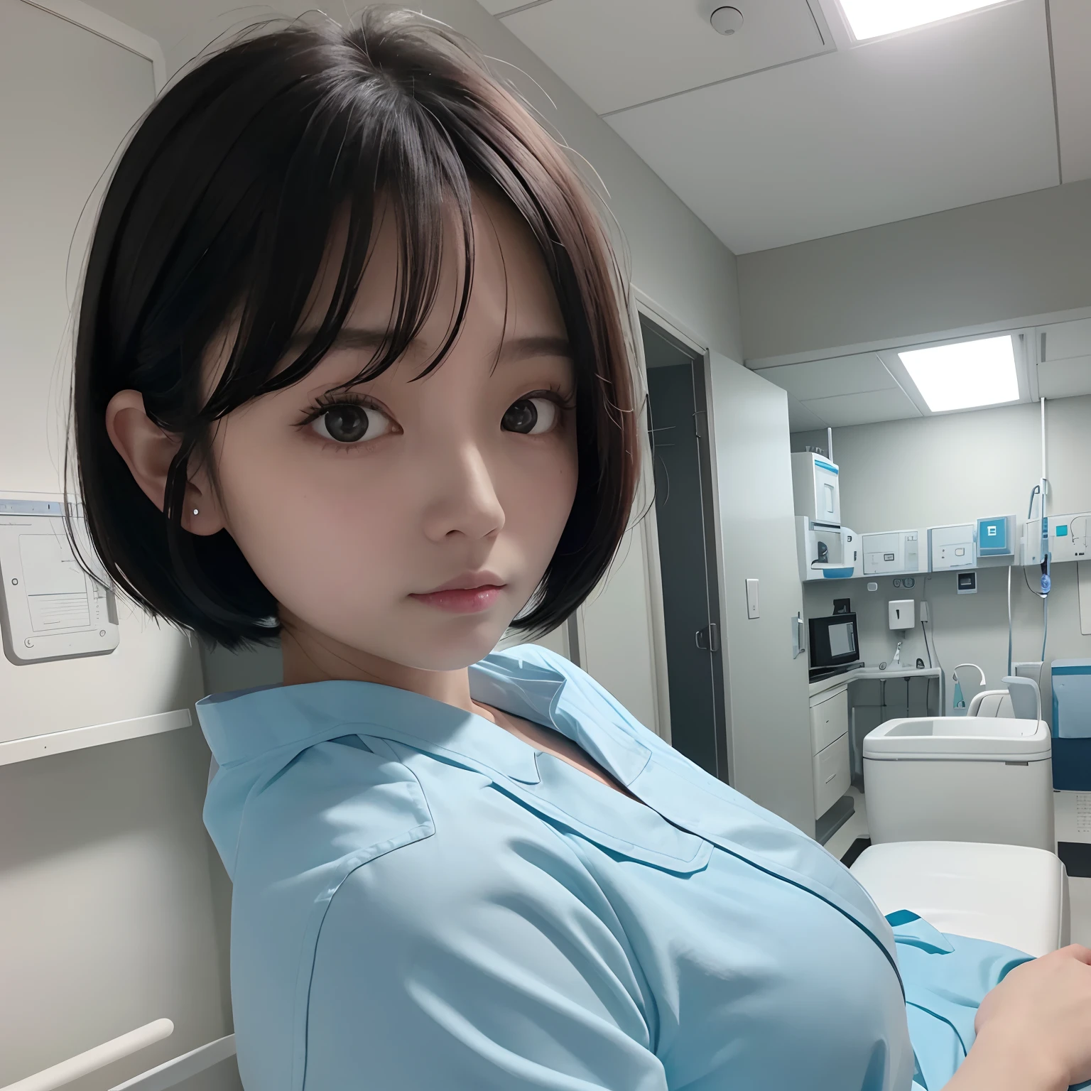 Cyan LED Lighting、Future、Hospital Room、Near Future Ward、Nurse、White nurse uniform、a picture、masterpiece、top-quality、Black Hair Bob、de pele branca、Beautiful Japan woman in different poses、hyperdetailed face、A detailed eye、Near Future Ward、Comfortable hospital room、Sense of cleanliness、