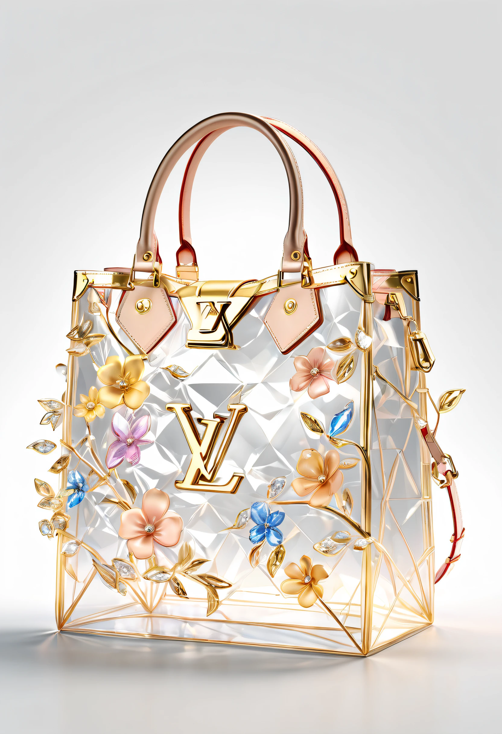 Louis Vuitton Tote,The transparent geometric shape of flowers and vines wrapped around a lady's Tote,
There are many flashes around, diamonds, small flashes flying all over the sky, dreamy, transparent, sparkling,
white background, studio lighting, behance, blender, OC renderer, dribble, high detail, 8k, details, Light Colors, UHD