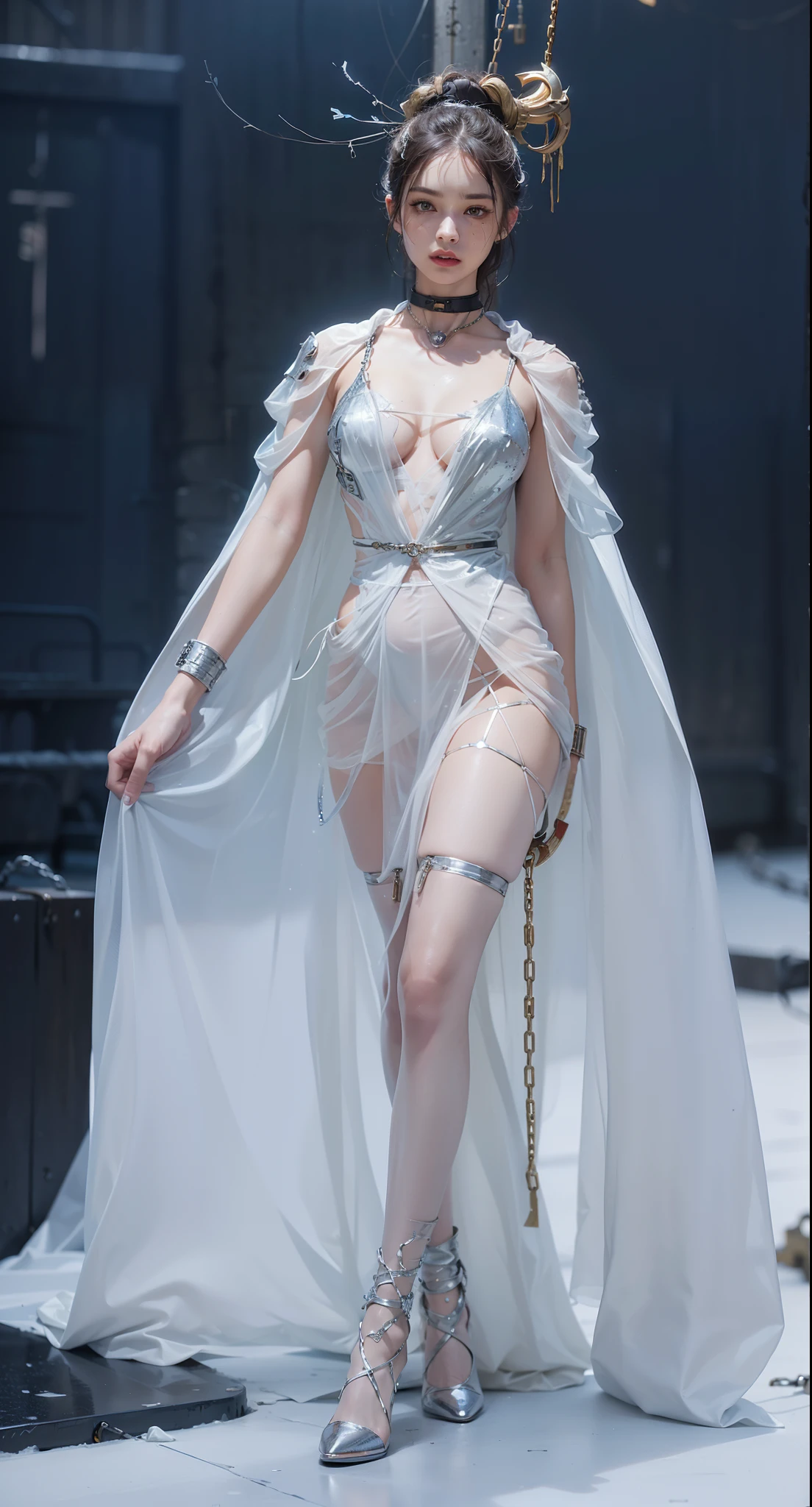 ,((Wearing a torn sheer costume of a superheroine)),(, No bra)), Wet crotch, Wet thighs, Beautiful girl with accentuated slender abs: 1.4, (((nipple tips protruding, areola is protruding, The shape of the pubic region is clearly visible)), sixpack abs: 1.4, Bust Botox, Photo, Sharpness, Unique 850 4, Koda850 k portrait camera, F1.6 shots, Ultra-realistic textures, Spectacular light textures, Cinestil 800 Fashion Mechanics, (futuristic sci-fi battle fashion: 1.1), (tied perfectly by chain), Restraint, Slaves, collars, ((wide prison with sunlight)), Dark fantasy, Realistic material details, extreme hight detail, Ultra-realistic materials ((Torn costume))), Wet, Cloudy, (Chained)), ((big emphasized by chains)), ((chains digging into crotch)), ( (Collar)), (, No bra), shredded costumes, broken golden shields and battle spears,, White combat gloves, Combat shoulder armor, Blood splattered on the face, Blood splattered, Realistic, (Bruises, Dirty, ripped clothing, skimpy clothing, Blood: 1.3), Torn Cape, Torn pantyhose, Long legs, ((iron pipe in the crotch)), Metallic shackles and fetters, ((chains hung from heaven)), Wet crotch is clearly visible, Swarovski's sword and the anatomy beneath his feet, (futuristic sci-fi battle fashion, Torn mesh stockings),