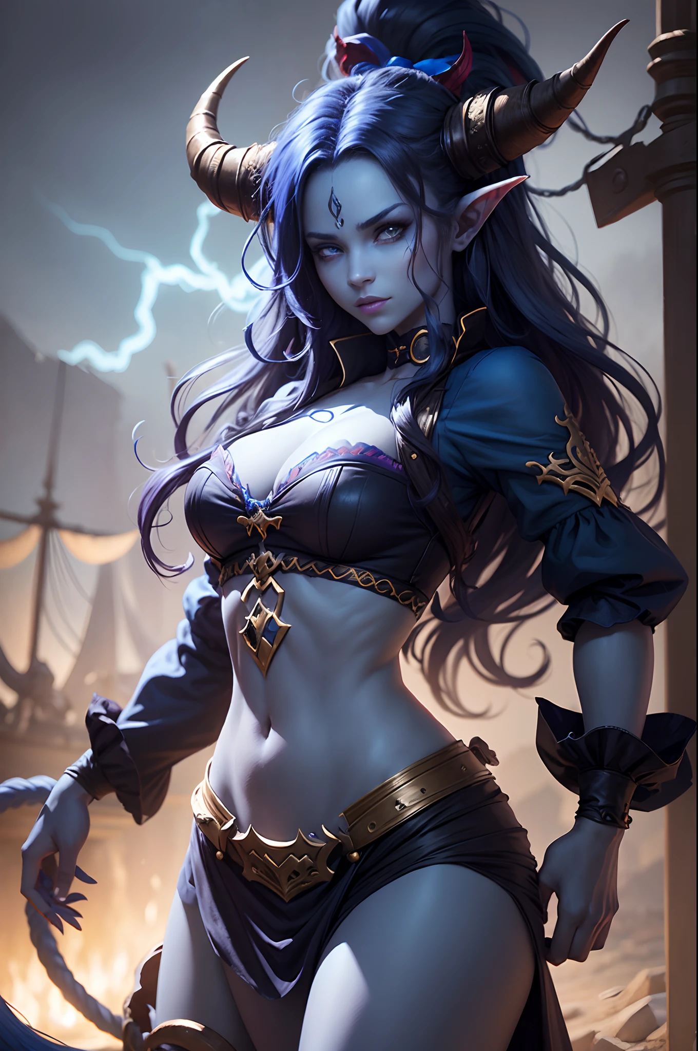 Female Tiefling with blue skin, Horns, and a long, Wavy Hair. dressed as a pirate. Colorful, Beautiful cinematic lighting, Playful expressive pose, extra high resolution,(Perfect detail for the eyes), Best Quality, Masterpiece, darkness, vibe