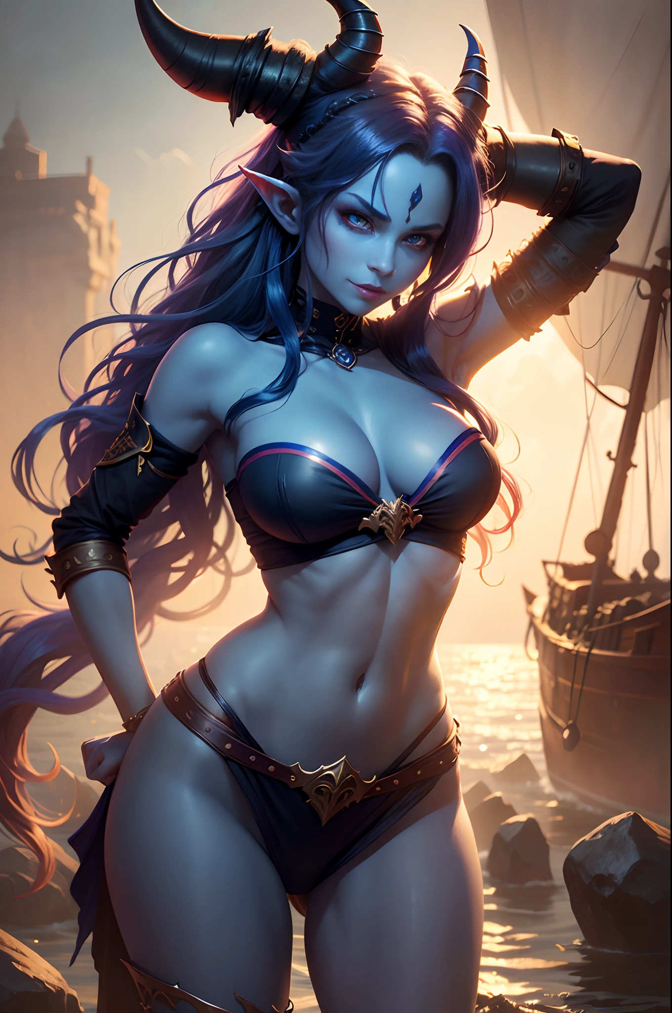 Female Tiefling with blue skin, Horns, and a long, Wavy Hair. dressed as a pirate. Colorful, Beautiful cinematic lighting, Playful expressive pose, extra high resolution,(Perfect detail for the eyes), Best Quality, Masterpiece, darkness, vibe