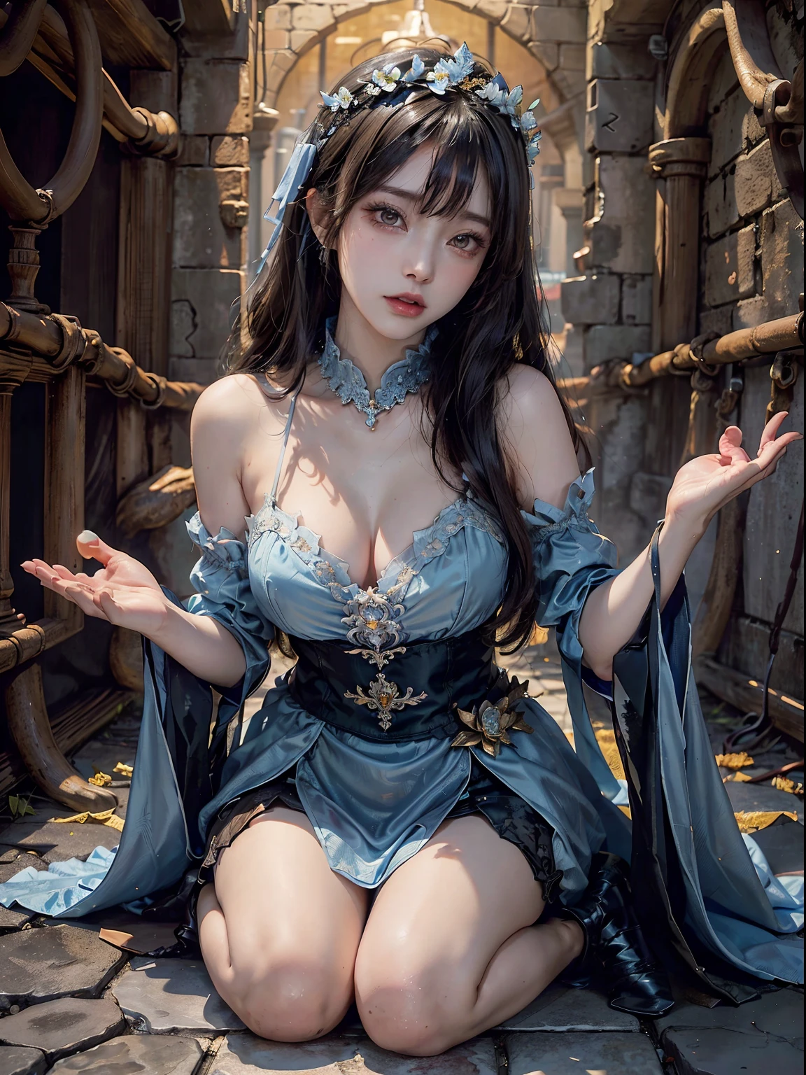 (((in 8K. HDR.Hyper-Realism、Masterpiece 1.4、wlop1.4、gothic styles、Fantasy Art、retro-futuristic、Cinematic、Detailed details、Live Photo 1.4, Best quality1.4、 Ultra Detailed 1.4、masterpiece:1.4、Insanely detailed、Perfect Shading、low angle1.4、Angle from below、Low Angle Full Body Shot 1.4、One photo、Commercial Photography 1.4、Solo Photography、Sony alpha、50mm Lens、Full body shooting 1.4)))、(Bloody basement 1.3、Bloody torture device、Bloody floor、cobblestone floor)(((Saint a girl、the flower crown、Light blue dress、kneeling on the floor、Say a Prayer)))、(((full body picture 1.4、)))(((Japan Female, 18year old、Small face 1.4、Long Bob、Blunt bangs、Tie your hair back、A dark-haired、Five Fingers、full body picture 1.4)))、(small tits、Muscular arms and legs、Plump waist circumference、Detailed skin with blood vessels showing through、Beautiful skin shining with sweat、Detailed skin with visible pores、Realistic, Detailed skin of downy hair、Real and Detailed Skin、extremely detailed and beautiful face、Beautiful well-proportioned face、Very pretty face、Darkened armpits、Detailed skin)